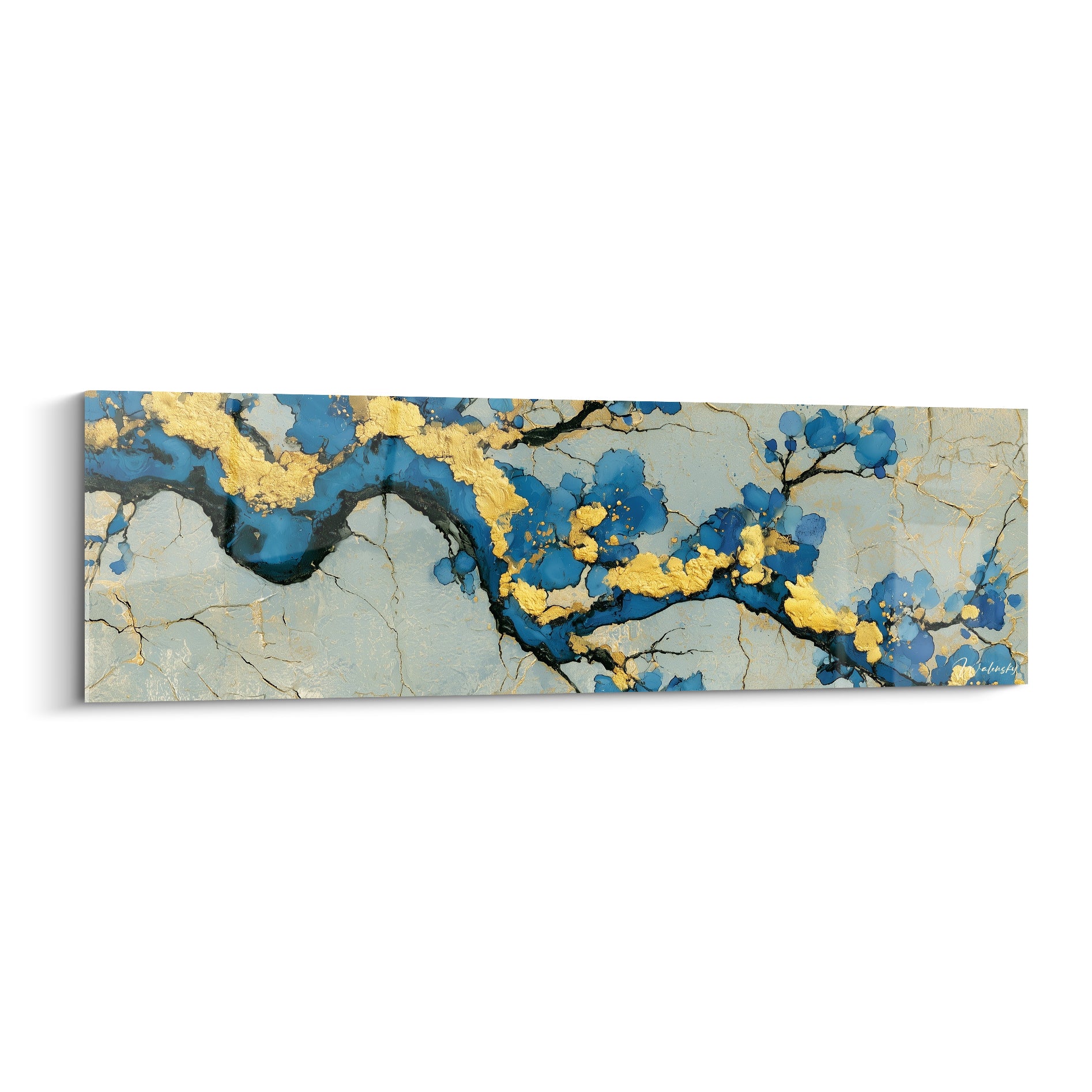 Branche fleurie bleu marine et doré sur fond ivoire craquelé, tableau fleur abstrait allongé
