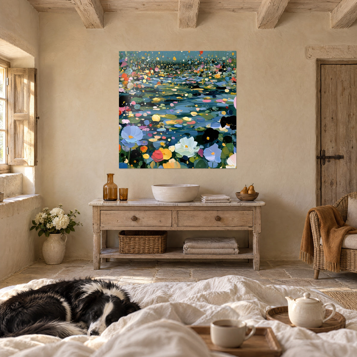 Wall art lotus pond with palette-knife strokes, golden yellow and midnight blue touches, one person seen from behind and a collie, above a bed in a light bedroom
