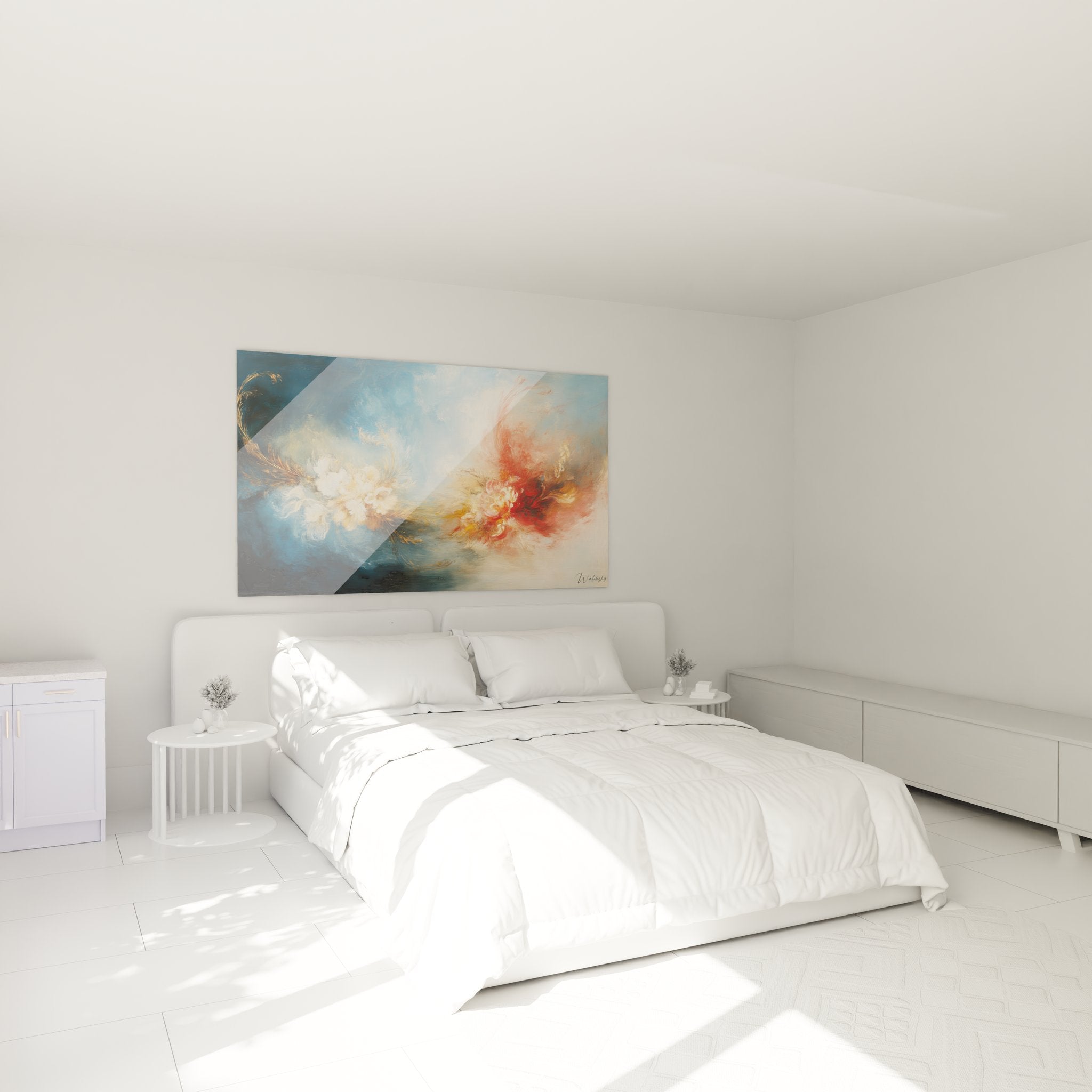 Tableau fleur abstrait dans chambre moderne, explosion florale colorée sur mur blanc ambiance contemporaine