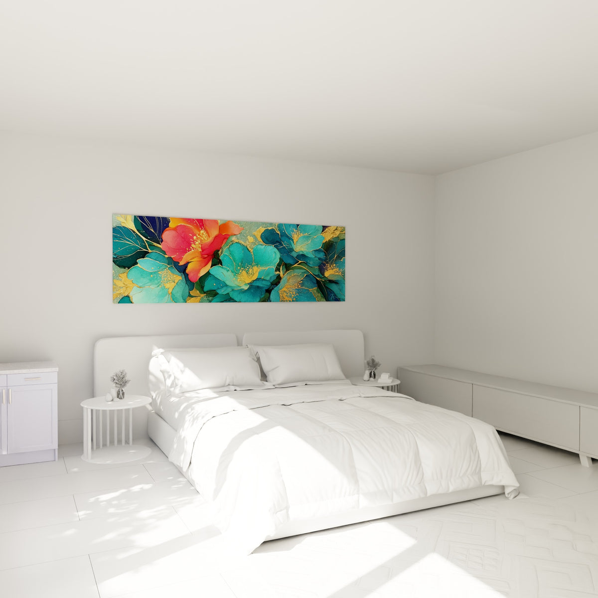 Bouquet abstrait turquoise et corail doré accroché au-dessus d'un lit dans une chambre claire