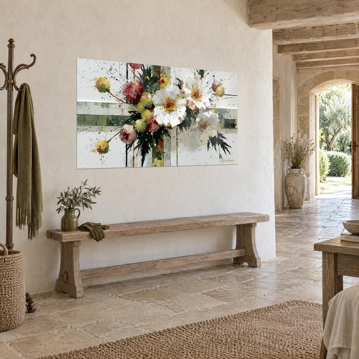 Wall art abstract bouquet with ivory petals and pink buds, green and black strokes, hung above a rustic wooden bench