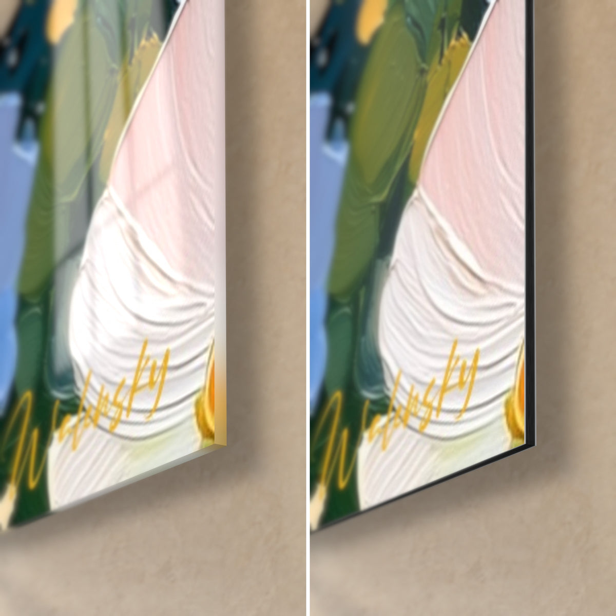 Wall art abstract flowers in thick impasto, white and pink petals, lower right corner in glossy glass and matte Dibond, 3 mm edge