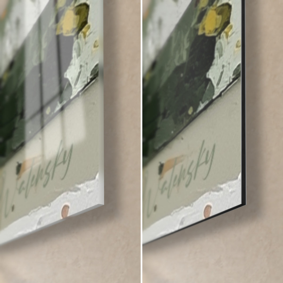 Schilderij witte bloemen en saliegroene strepen, rechtsonder: glanzend acrylglas links, mat Dibond-aluminium rechts