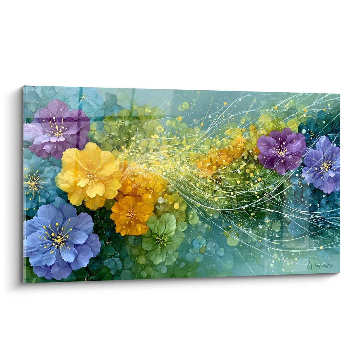 Fleur abstrait aux pétales mauves et dorés, volutes lumineuses sur fond vert sauge profond