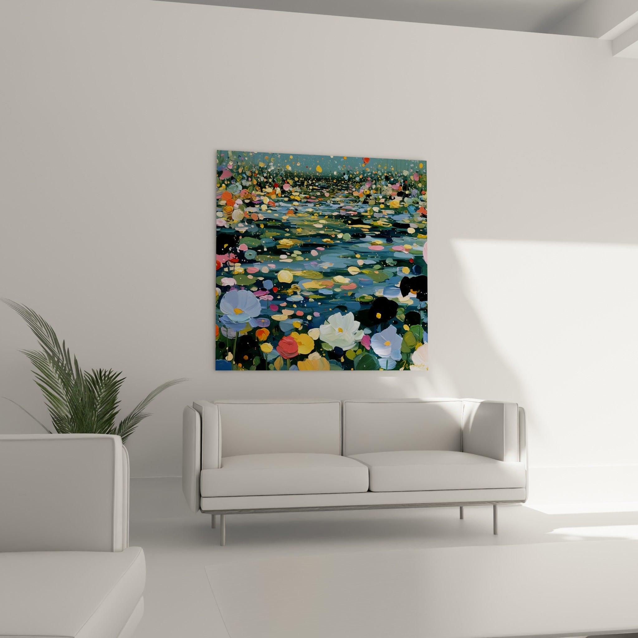 Bouquet aquatique aux tons ocre et bleu pastel installé au-dessus d'un canapé dans un salon lumineux