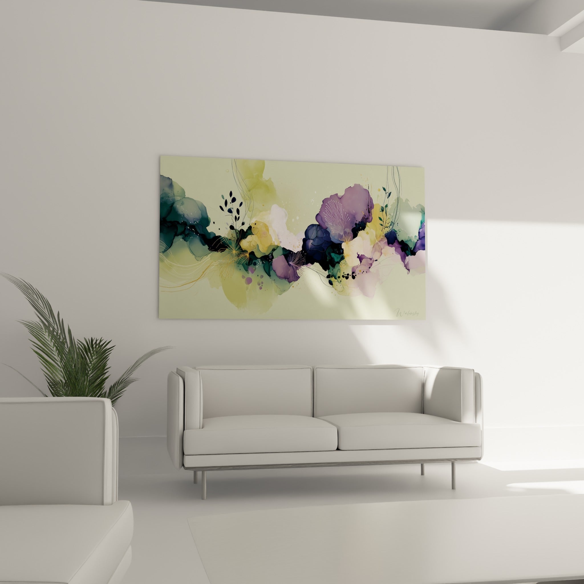 Formes florales dorées et vert sauge de ce tableau fleur abstrait au-dessus d'un canapé dans un salon lumineux