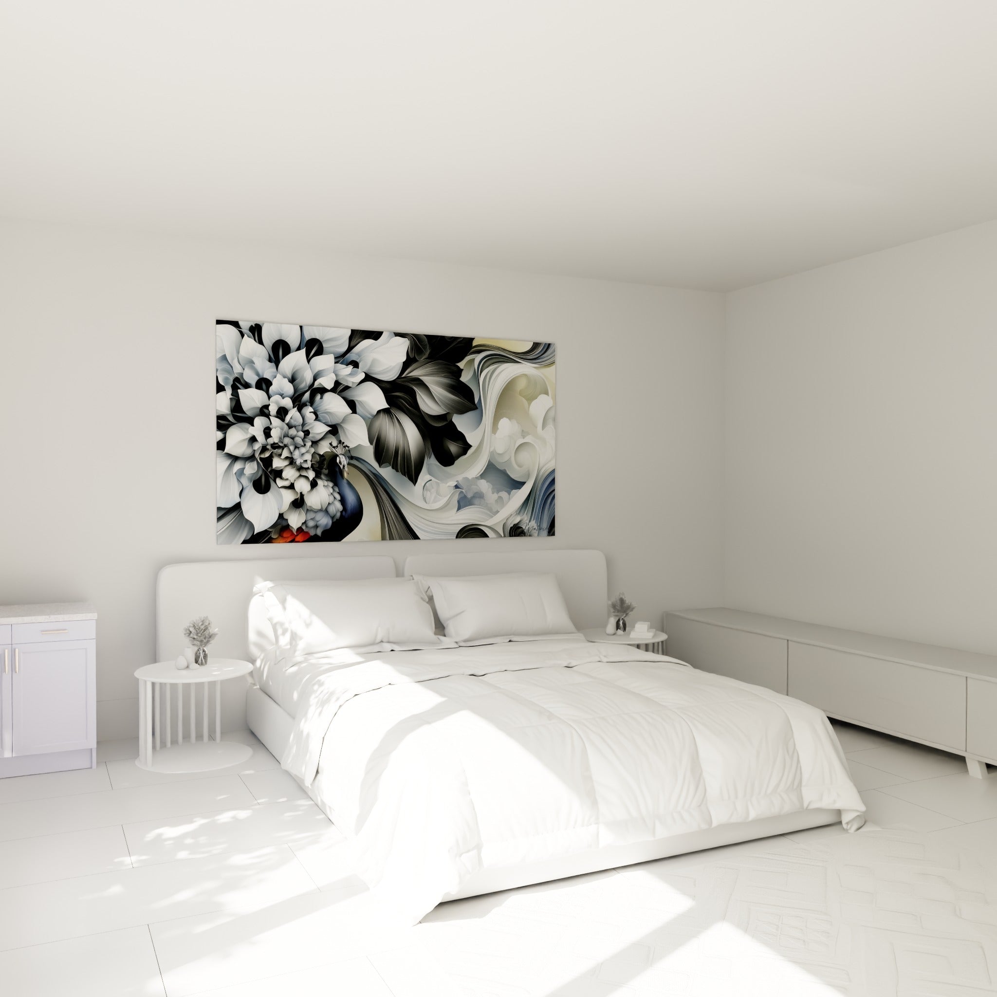Paon anthracite et fleurs blanches déployées, tableau fleur abstrait au-dessus d'un lit dans une chambre claire