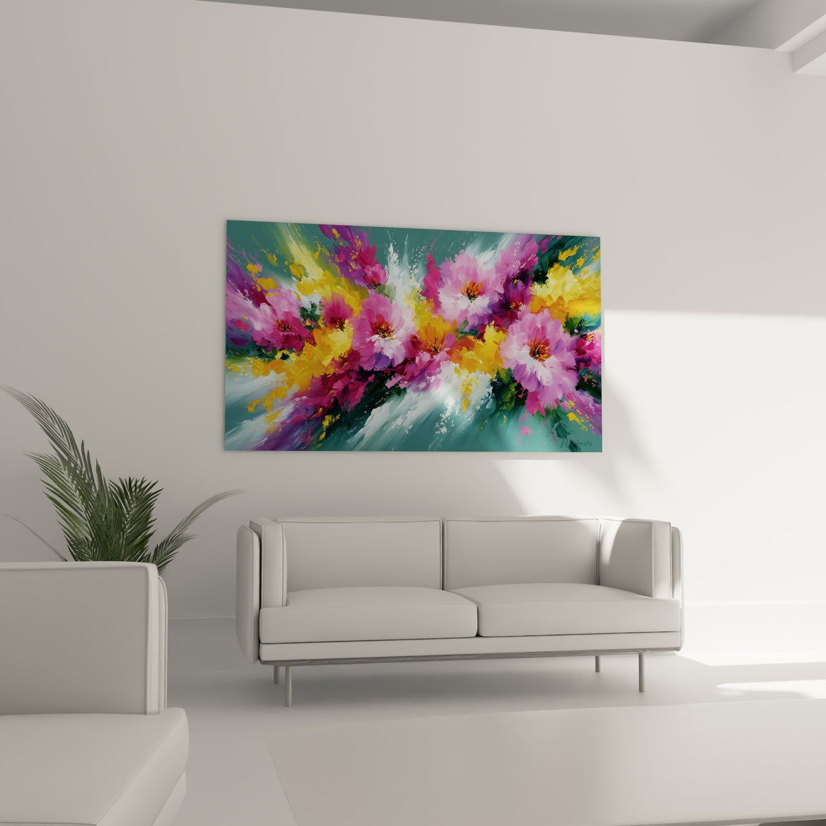 Pétales fuchsia et dorés jaillissant en mouvement, accrochés au-dessus d'un canapé dans un salon lumineux