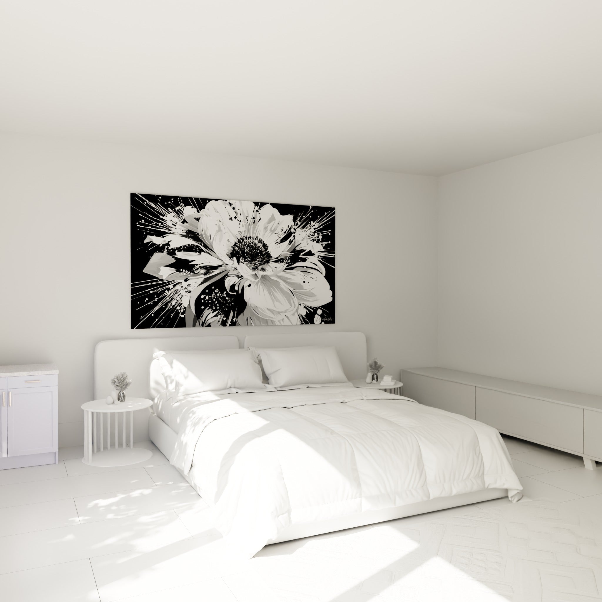 Pétales blancs explosifs et cœur noir dense, fleur abstraite au-dessus d'un lit dans une chambre claire