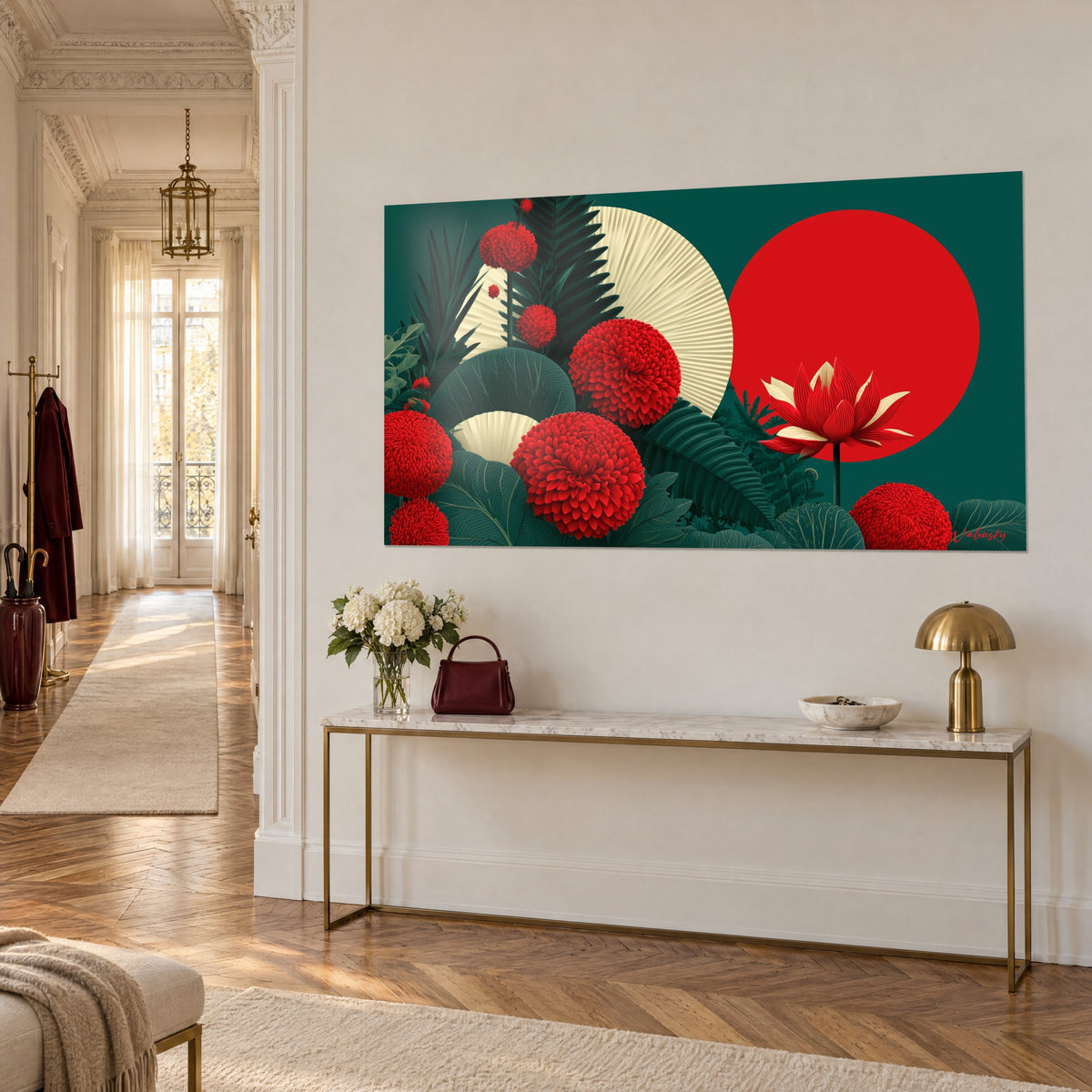 Wall art garden under a red moon: carmine pompoms, ivory fan and deep green ferns, on the wall of a Haussmann-style hallway above a gilded console