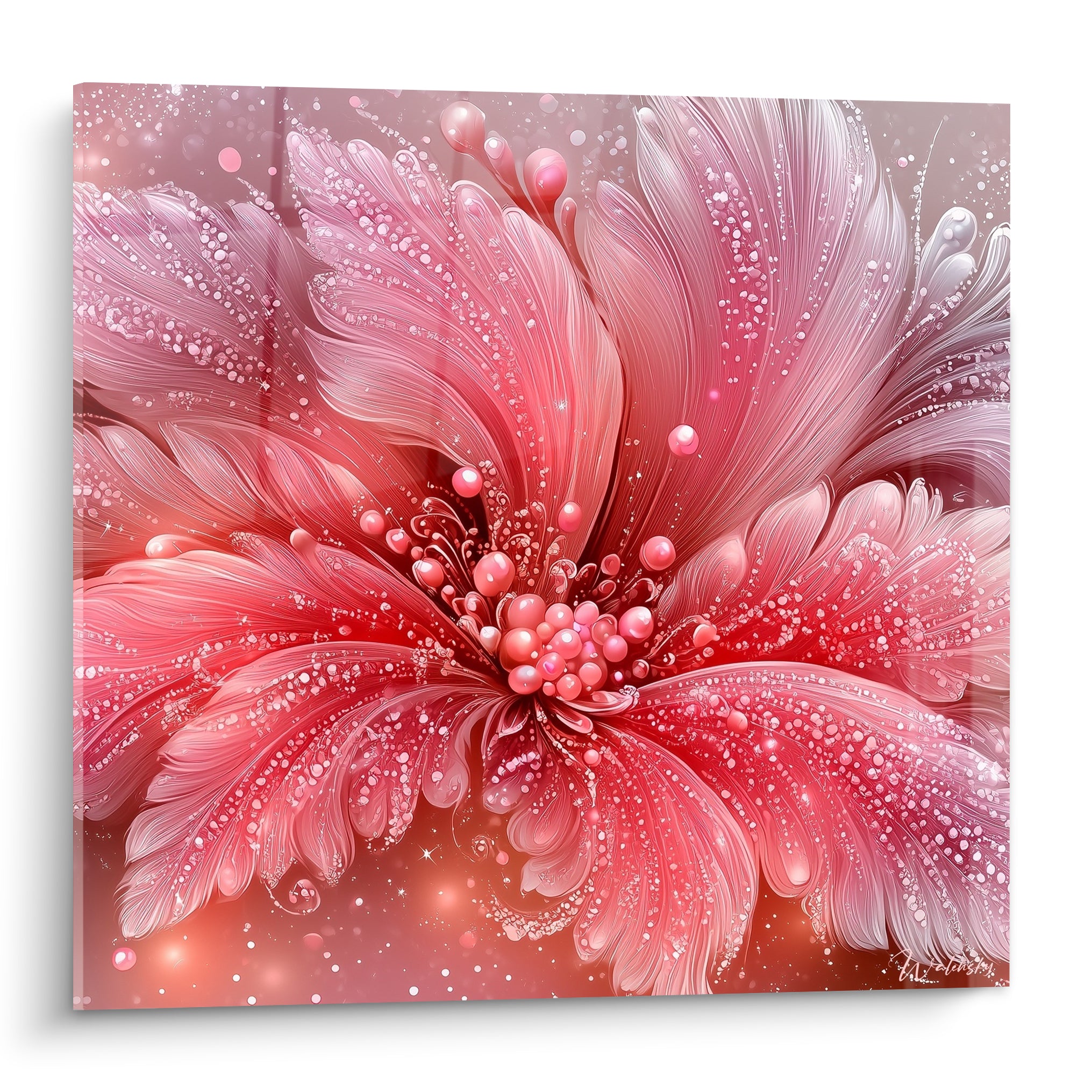 Fleur abstrait rose et blanche aux pétales effilés, perles corail scintillantes au centre