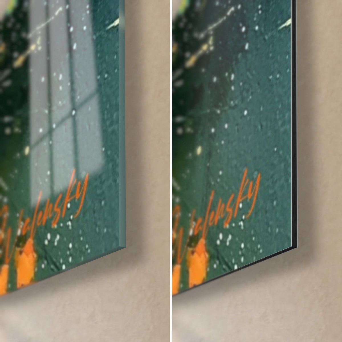 Wall art orange blossoms splashed with yellow, bottom-right corner: glossy glass on the left, matte Dibond on the right, 3 mm edge