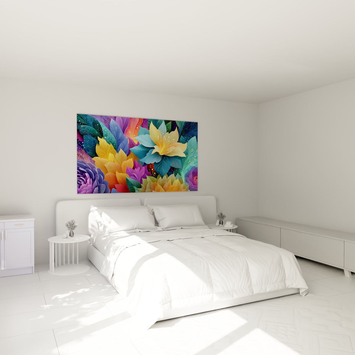 Composition florale dorée et violette de fleur abstrait au-dessus d'un lit dans une chambre claire