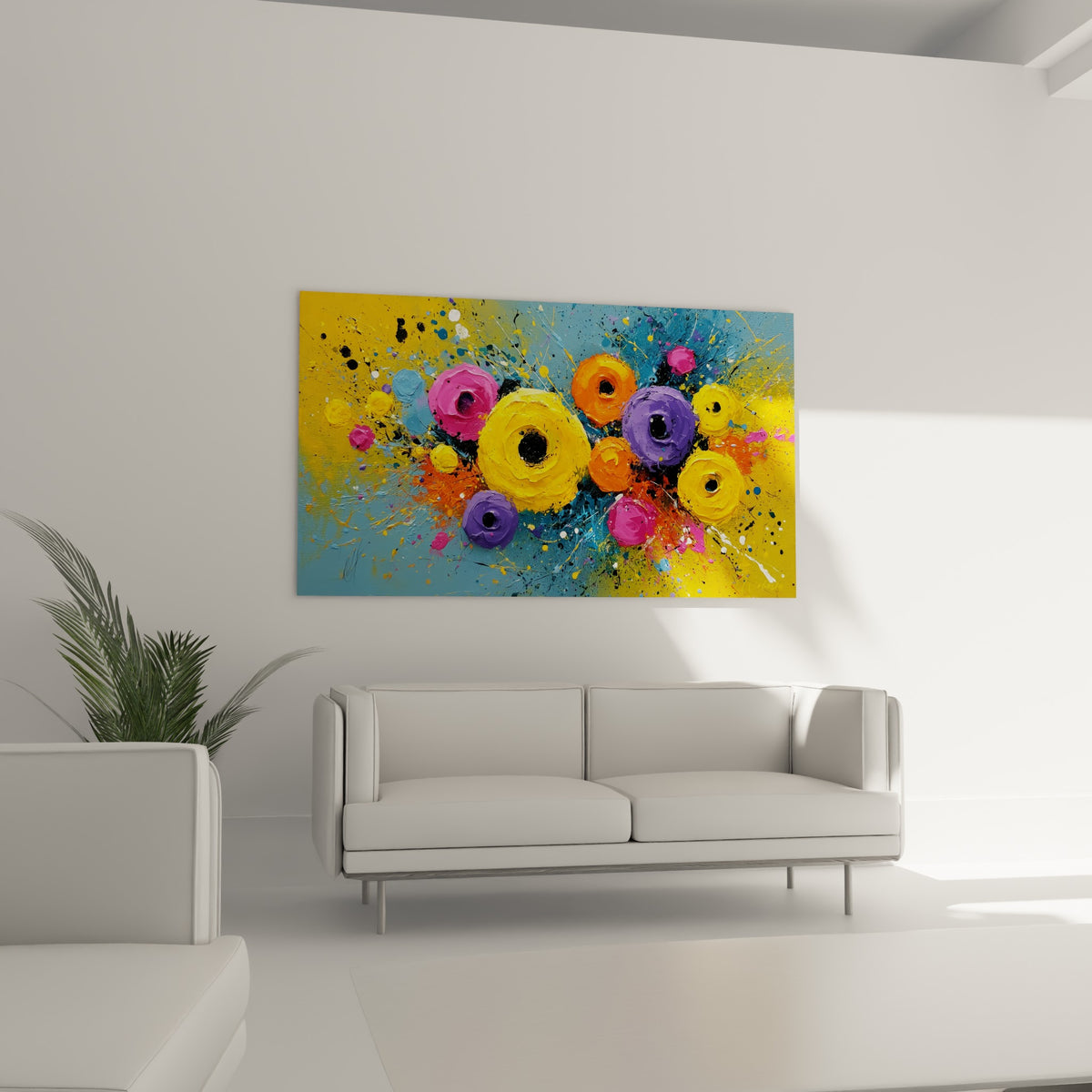 Corolles violettes et orange en relief sur fond bleu et jaune, au-dessus d'un canapé dans un salon lumineux