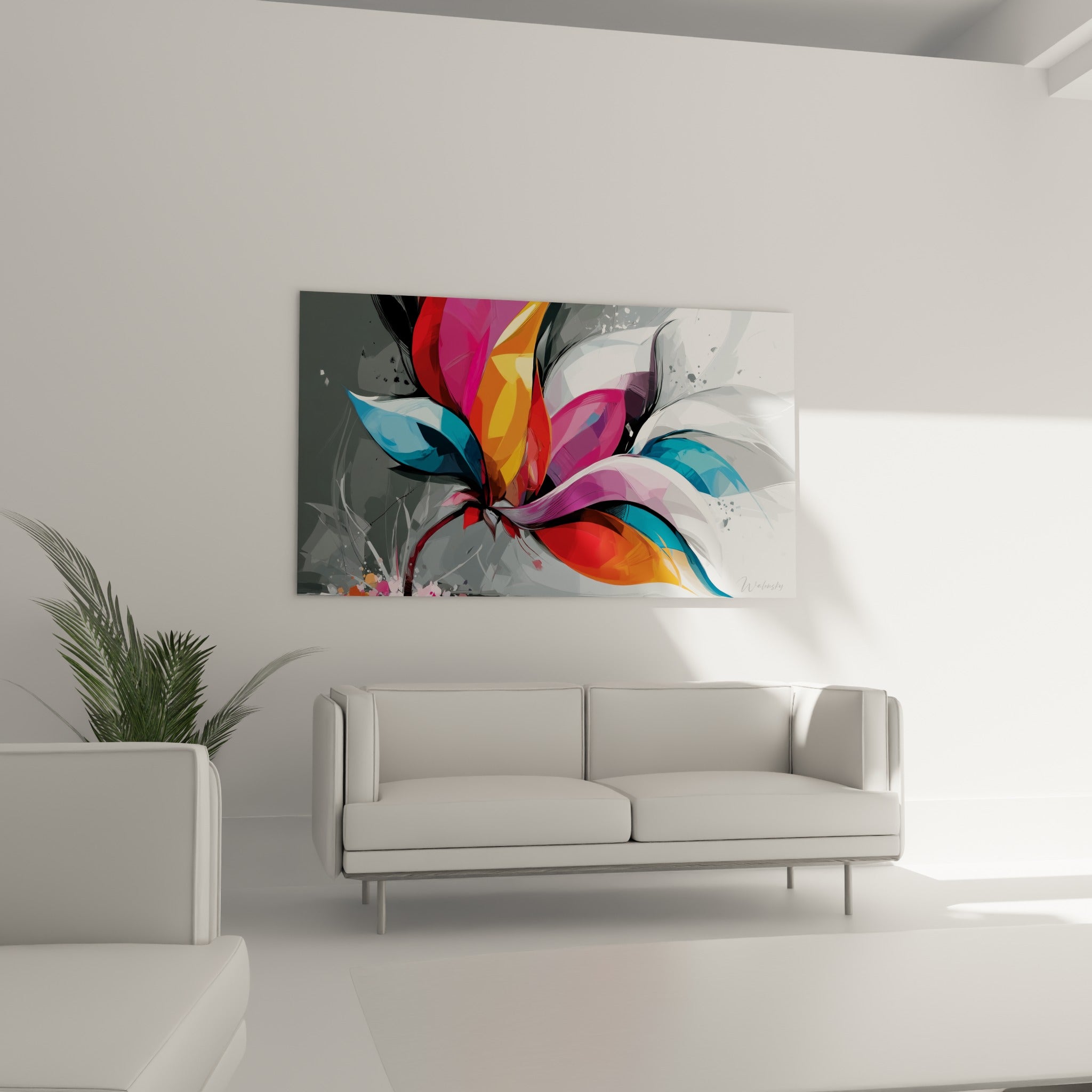 Courbes colorées orange et violettes de cette fleur abstrait, au-dessus d'un canapé dans un salon lumineux