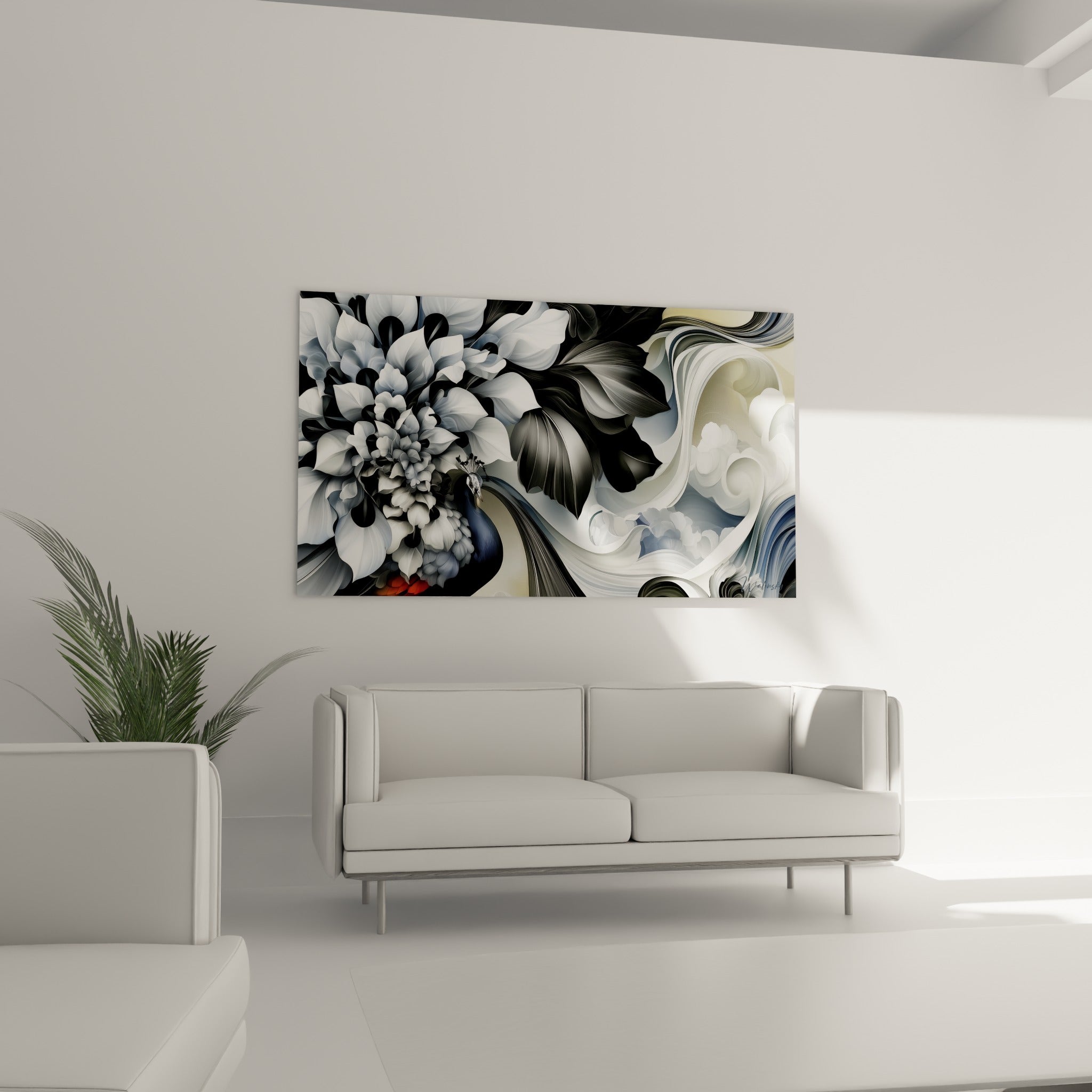 Volutes crème et pétales blancs sculptés, tableau fleur abstrait au-dessus d'un canapé dans un salon lumineux