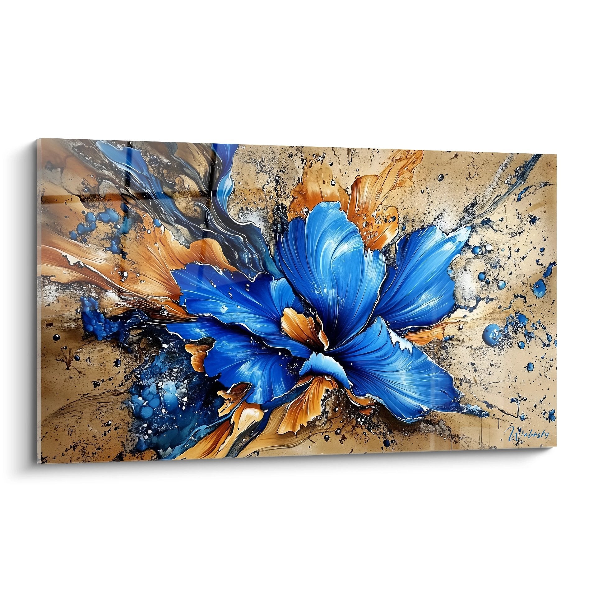 Tableau mural fleur abstraite bleue avec éclaboussures orange sur fond beige - art moderne décoratif