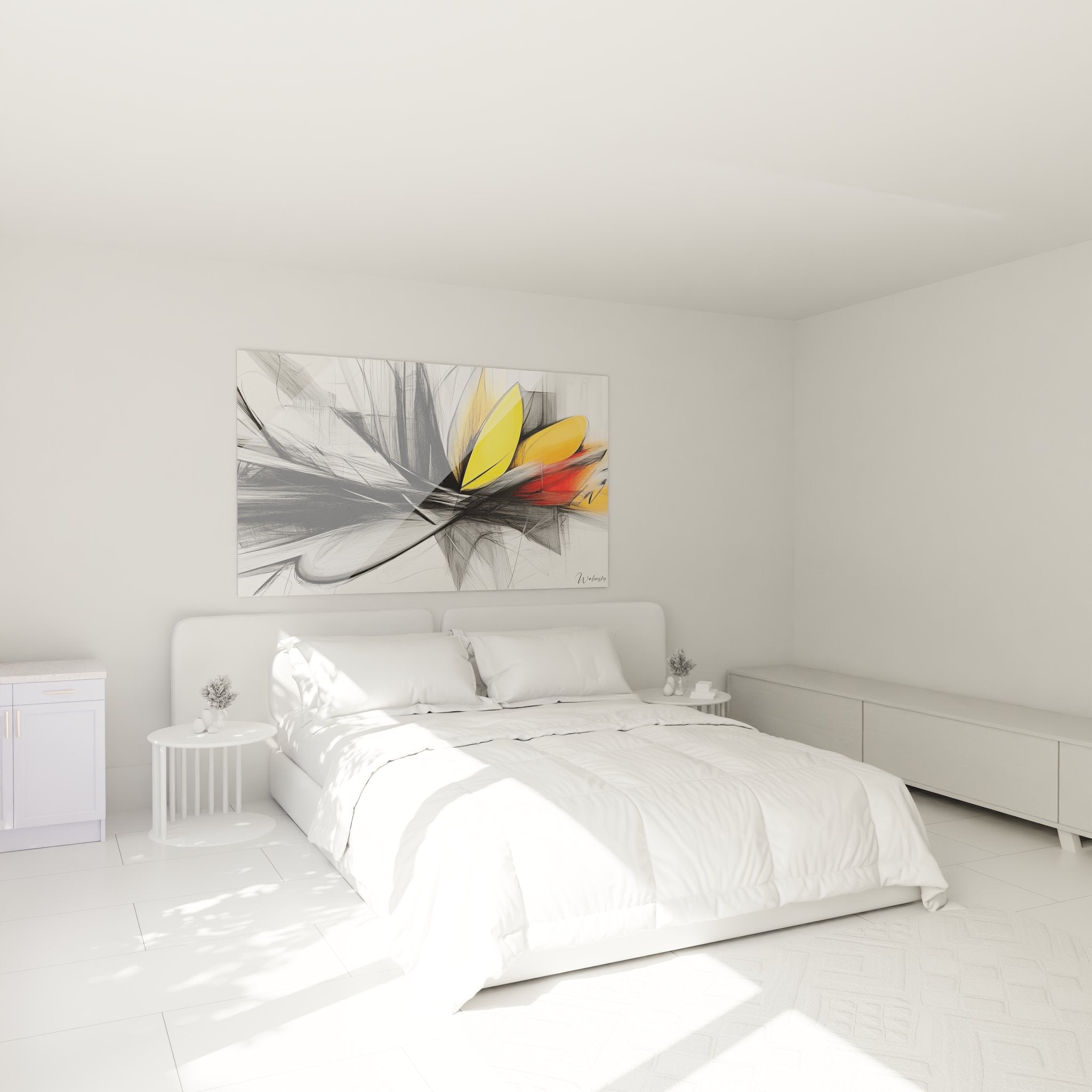 Tableau dessin floral abstrait installé dans chambre moderne avec couleurs dorées et traits graphiques