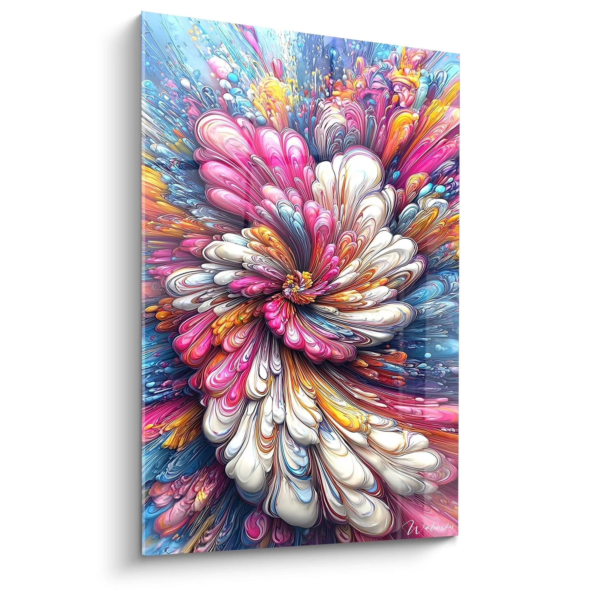 Tableau mural fleur abstraite aux couleurs explosives rose orange bleu pour décoration moderne