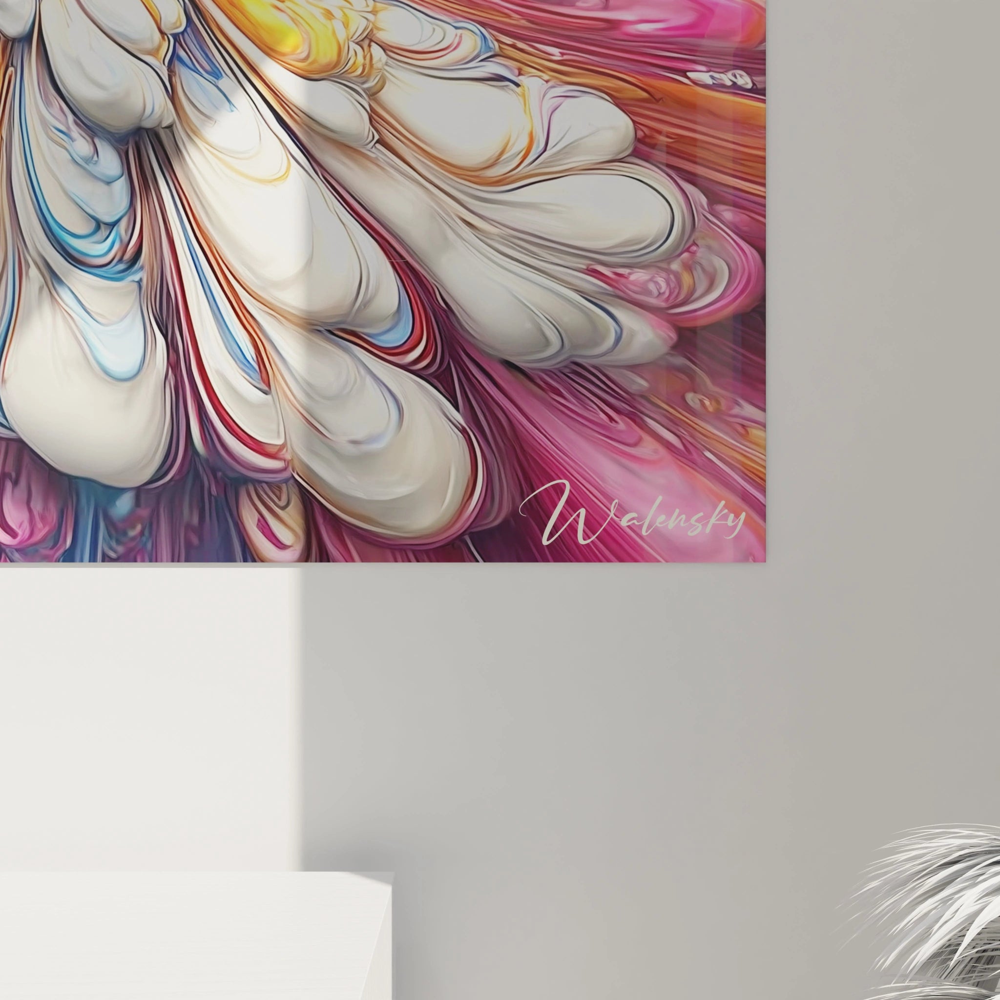 Vue ensemble tableau mural fleur abstraite explosion couleurs décoration intérieur contemporain