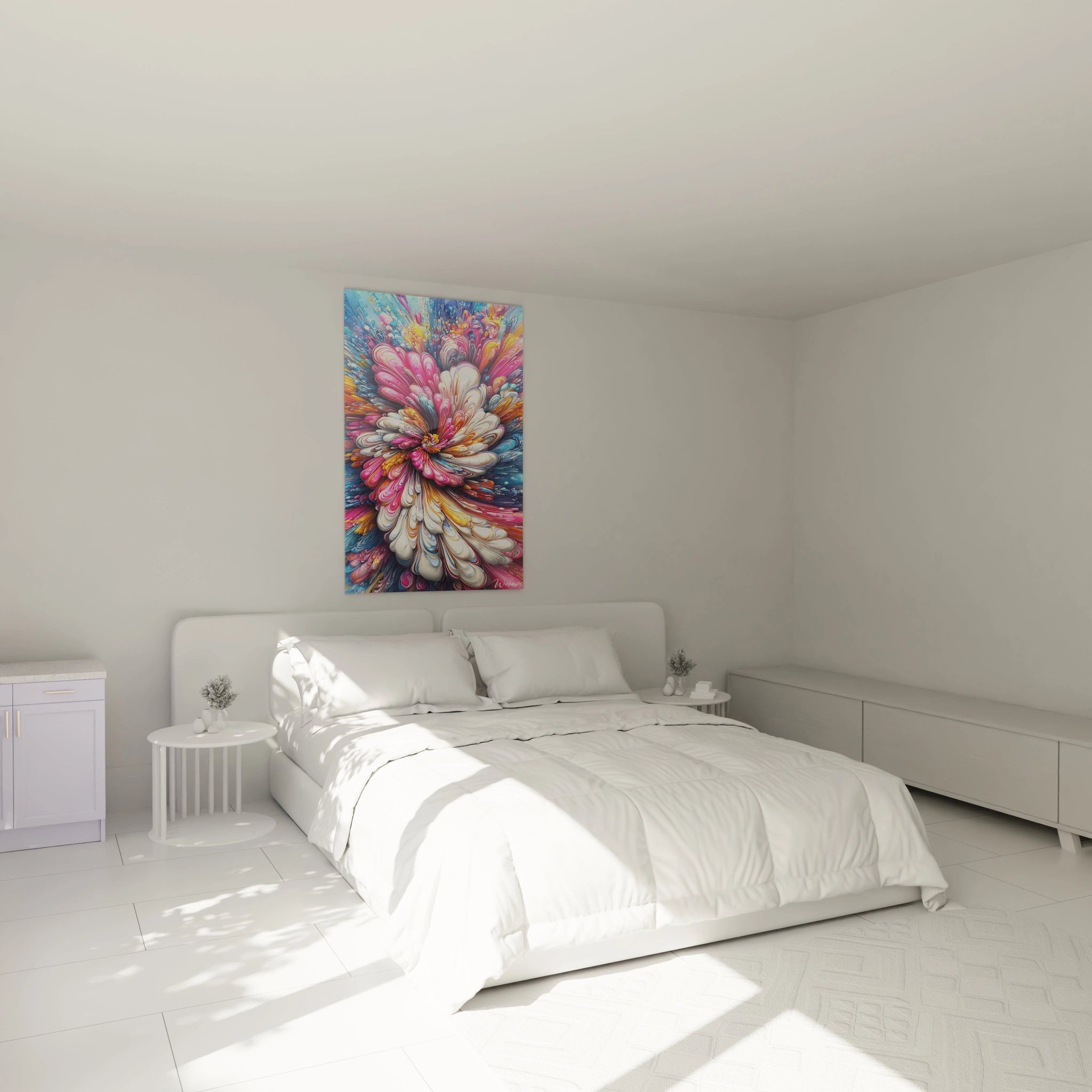 Tableau fleur abstraite colorée dans chambre moderne ambiance décorative contemporaine