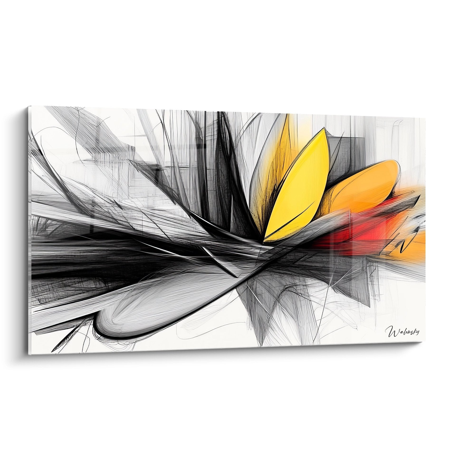 Tableau mural fleur abstraite moderne aux traits dynamiques dorés et noirs pour décoration contemporaine