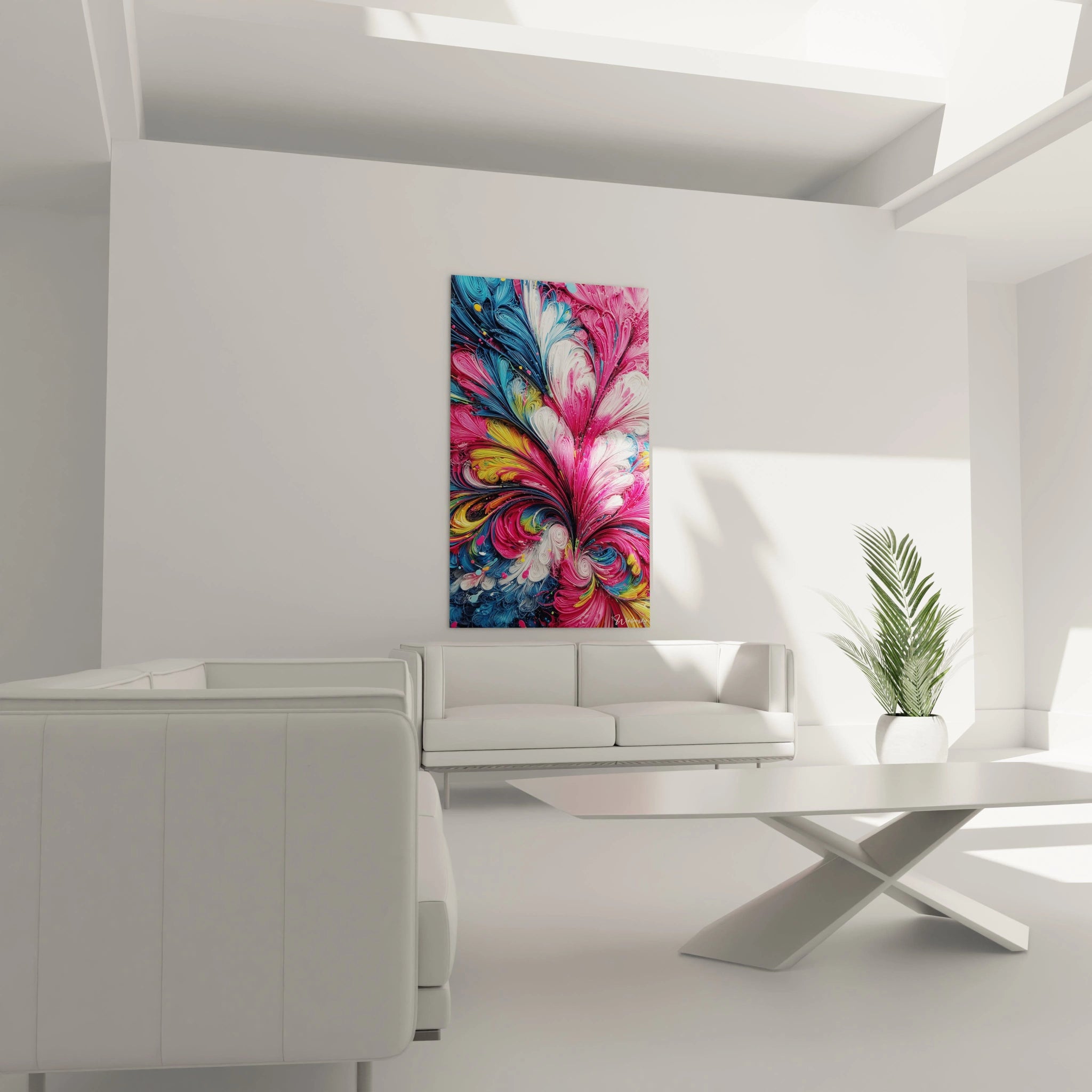 Détail gros plan tableau fleur abstraite, texture marbrée et couleurs vives rose magenta et bleu