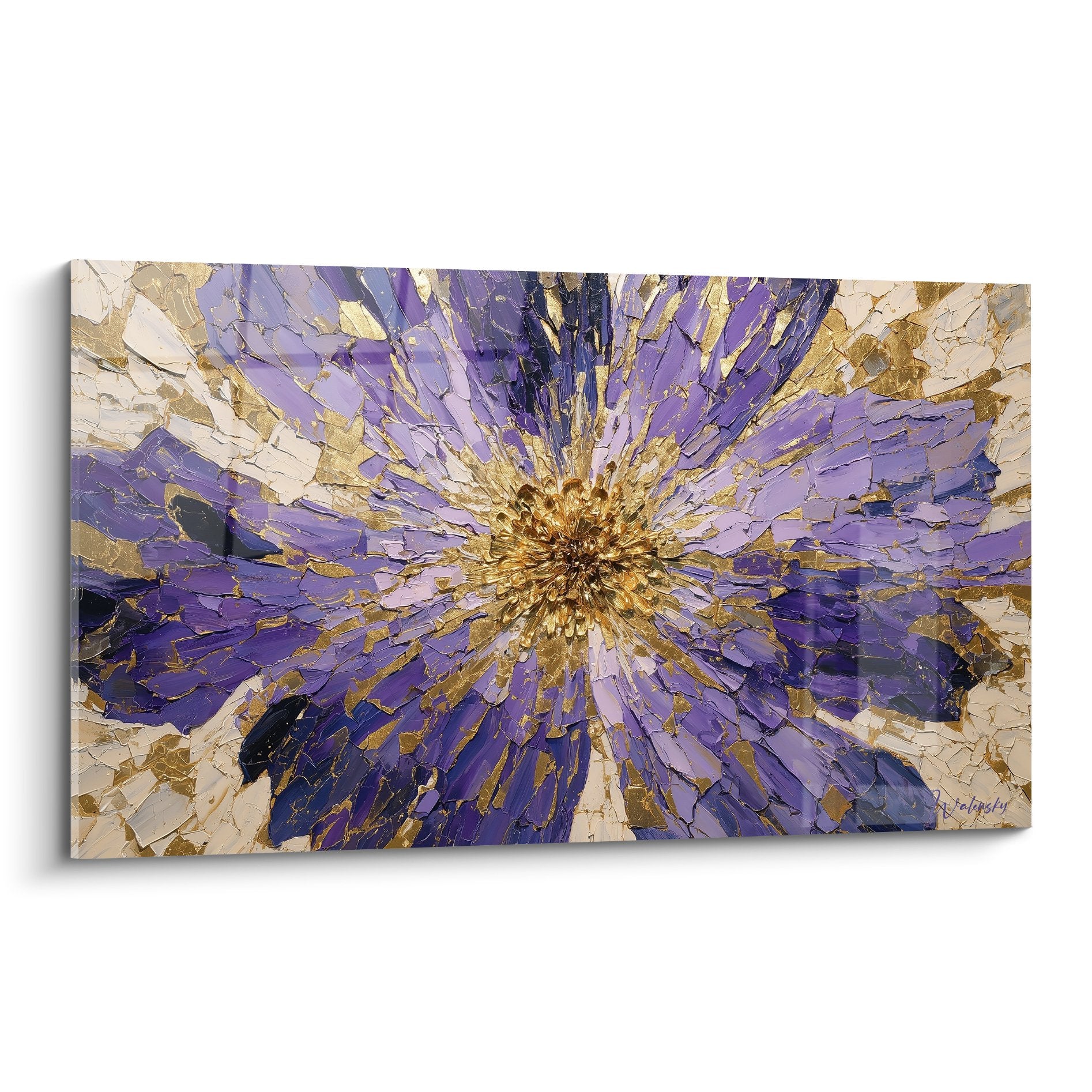 Tableau fleur abstraite violette et doree texture craquelee rayonnement etoile feng shui sud est bois