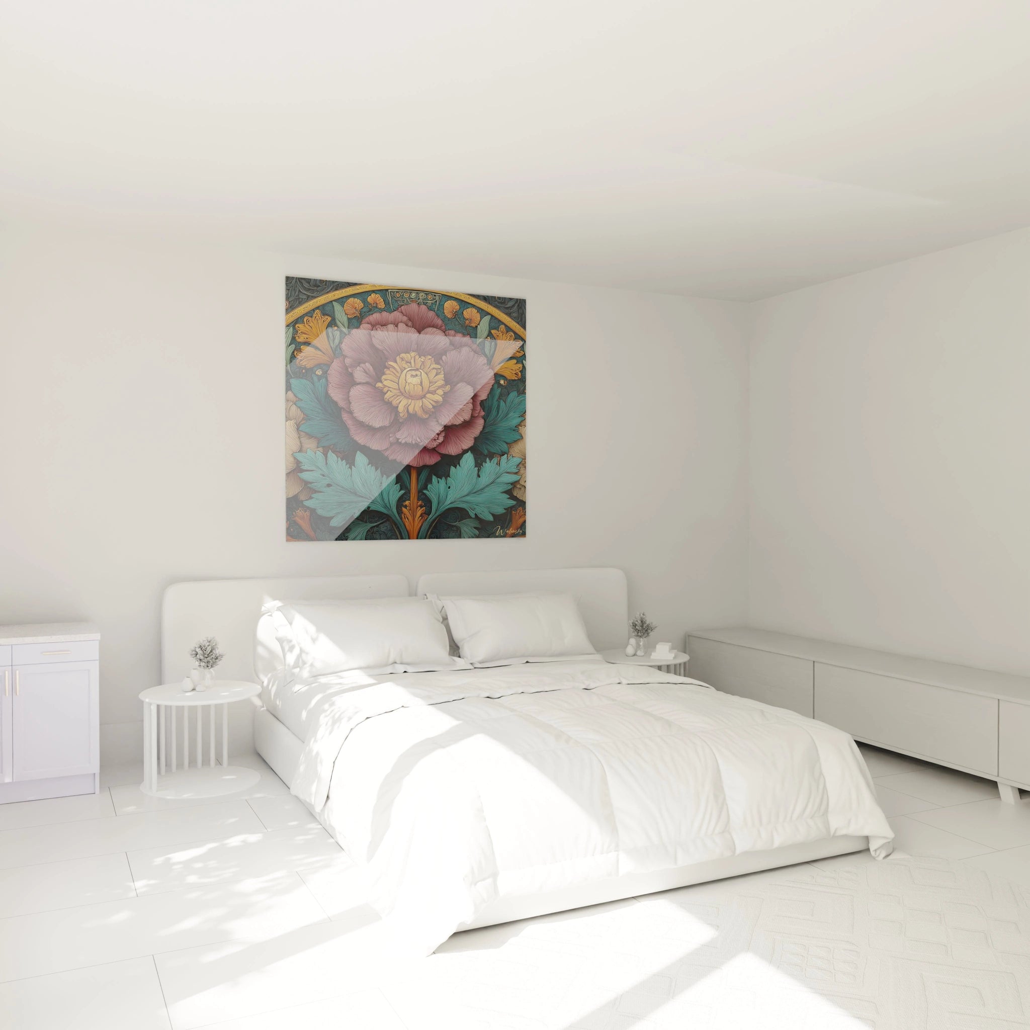 Walensky tableau fleur art nouveau mural rose et feuilles vertes accroche au dessus d un lit blanc minimaliste
