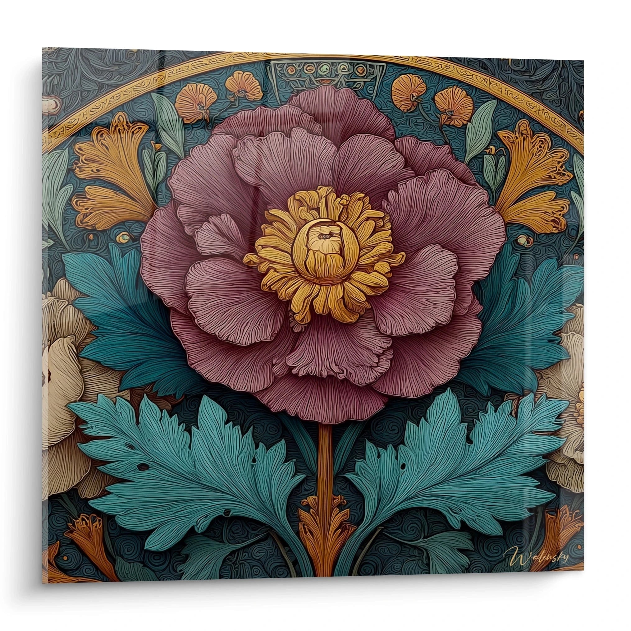 Tableau mural Walensky tableau fleur art nouveau avec grande pivoine rose, feuilles bleu vert et ornements dorés