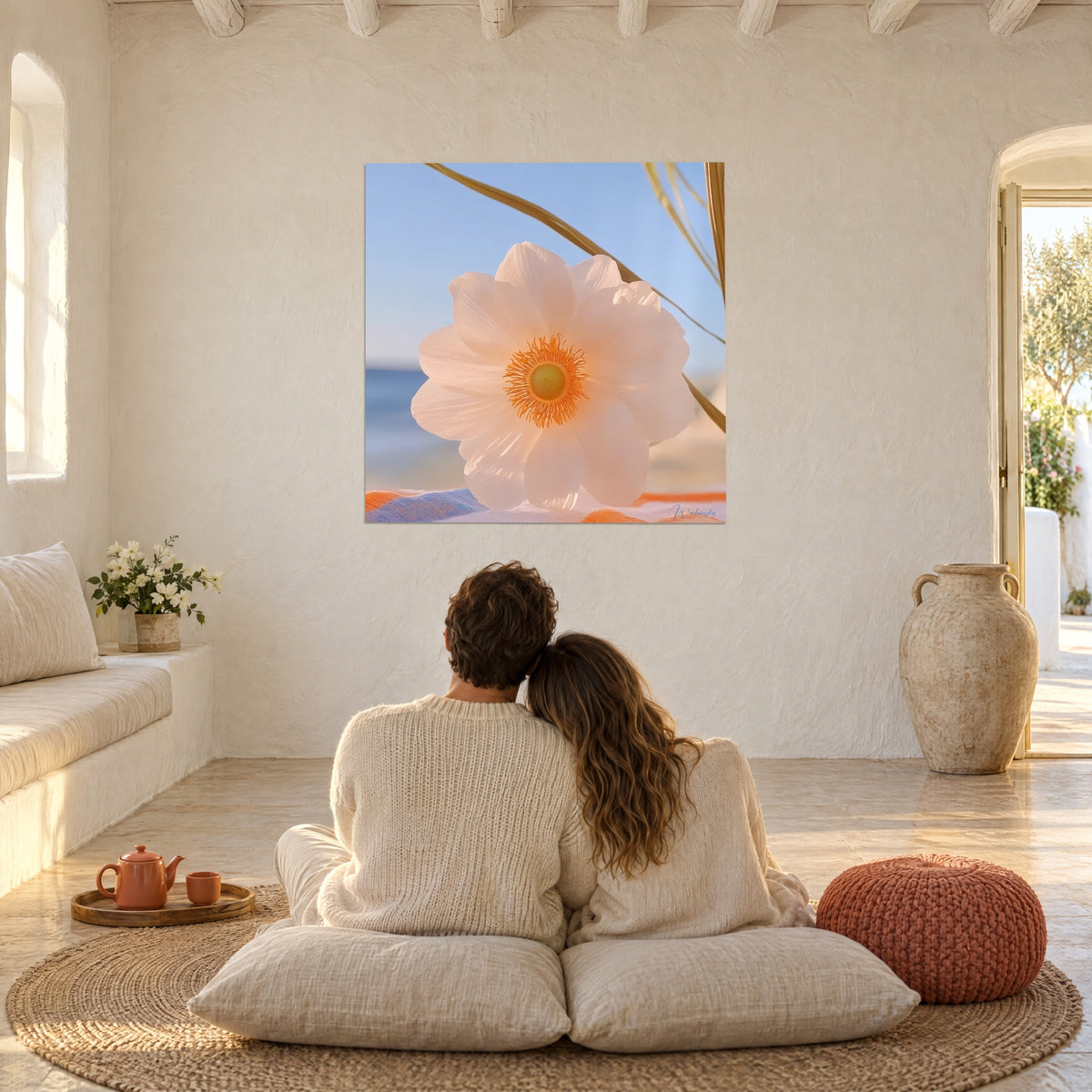 Cuadro anémona delicada rosa y naranja sobre cielo azur, pareja abrazada de espaldas sobre cojines blancos, salón abovedado mediterráneo
