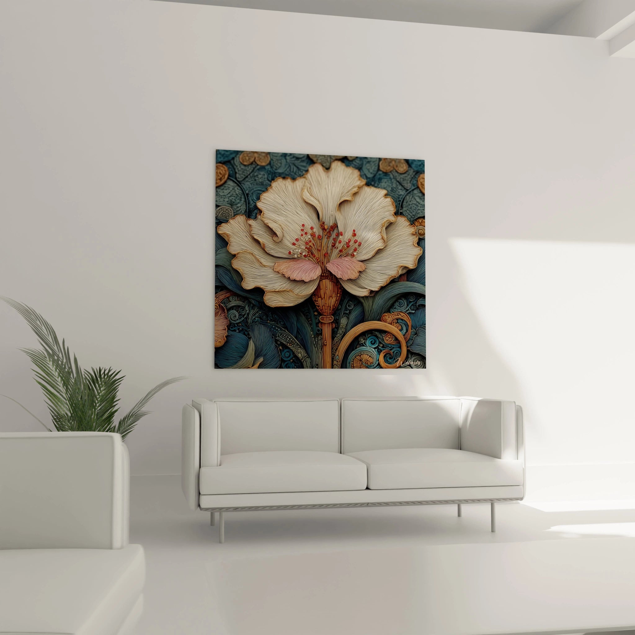 Walensky tableau art nouveau fleur mural carre creme et turquoise avec grande fleur stylisee au dessus de canape blanc minimaliste