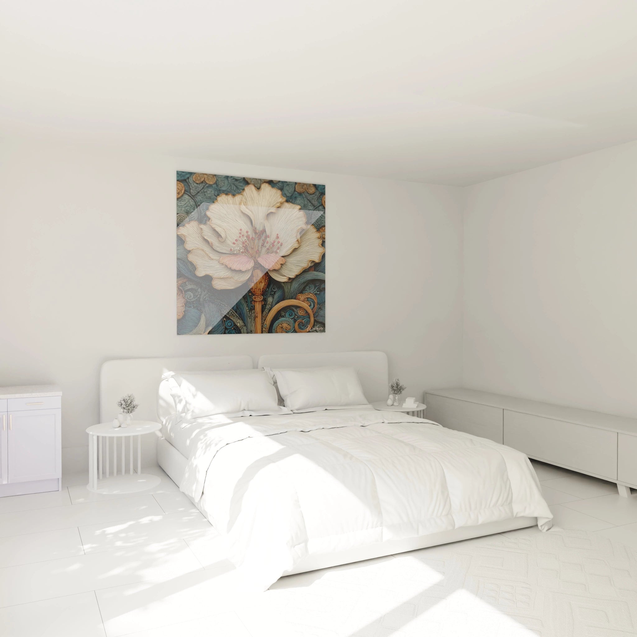 Tableau mural Walensky tableau art nouveau fleur grand format avec fleur blanche décorée accroché au dessus du lit