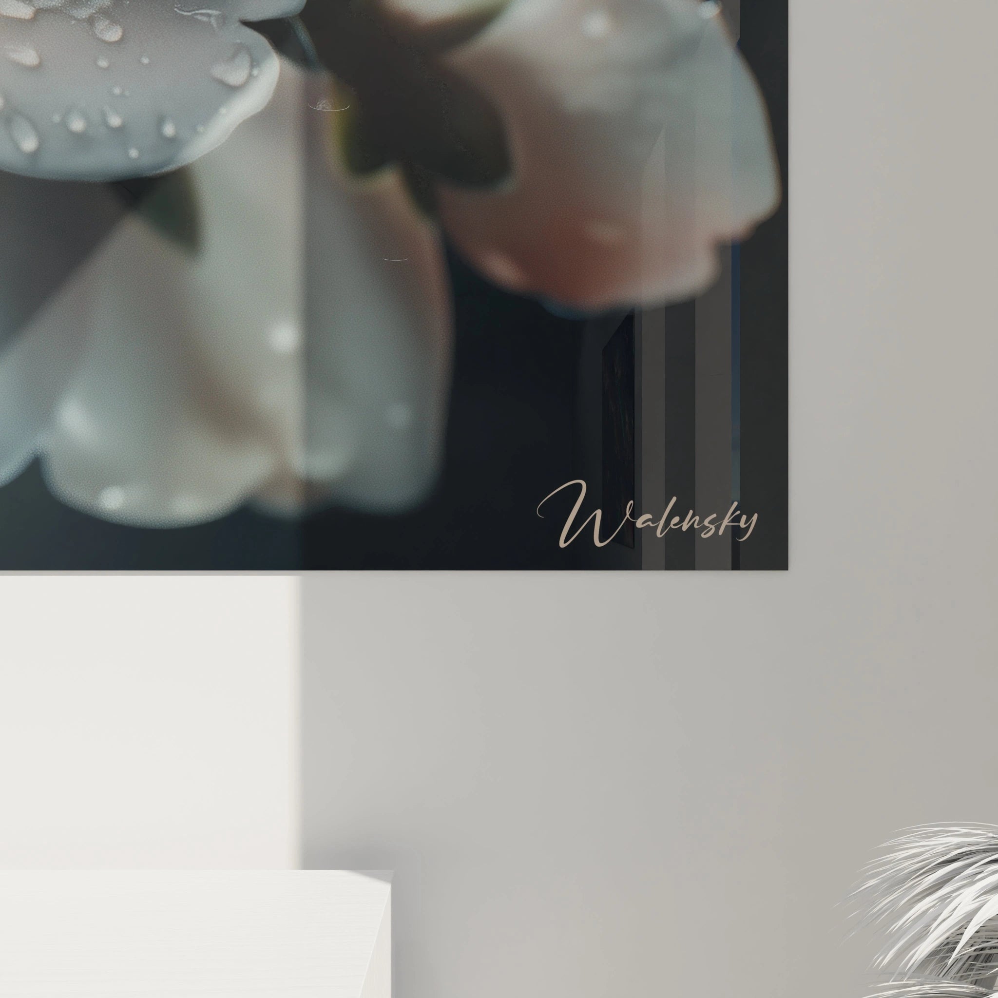 Un tableau Fleur de cerisier nature mettant en avant des fleurs dĂ©licates aux couleurs pastel, avec des gouttes dâeau visibles et un Ă©clairage tamisĂ© crĂ©ant un contraste subtil avec lâarriĂšre-plan.