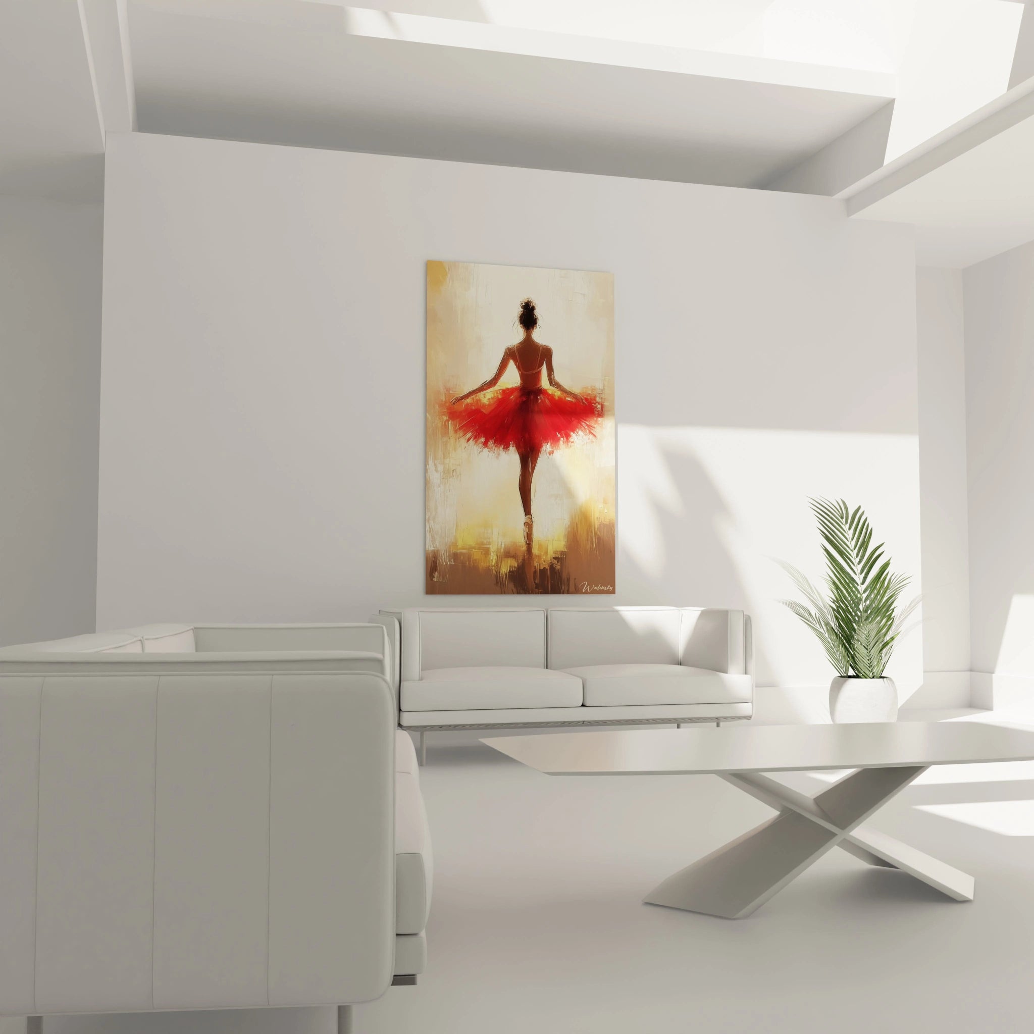 Un tableau danseuse abstrait représentant une danseuse stylisée, entourée de teintes rouge vif, beige et doré, avec des effets visuels de superpositions de peinture.