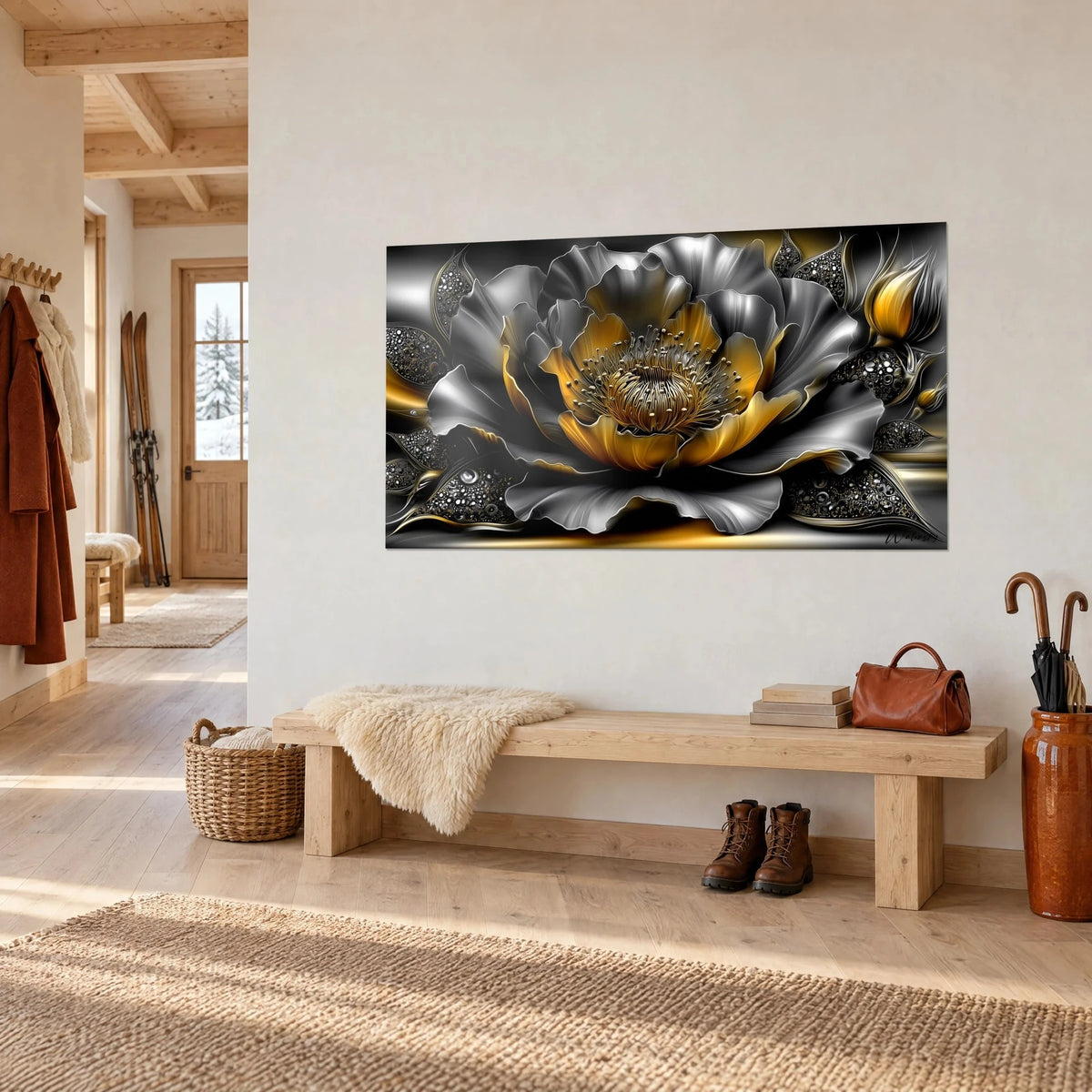 Tableau corolle métallique gris acier et or, étamines perlées, accroché dans une entrée de chalet près d'un banc en bois