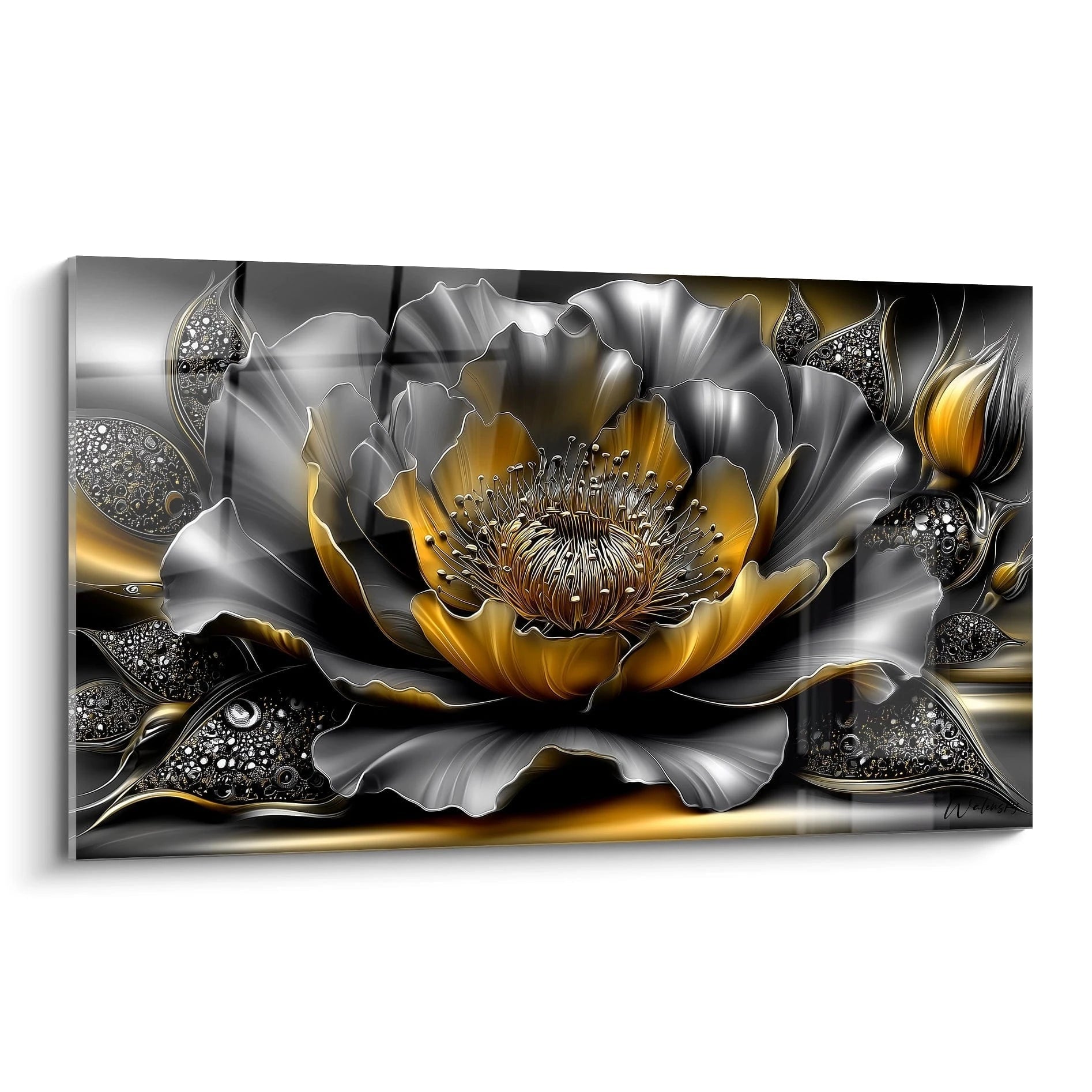 Tableau mural fleur de lotus métallique dorée et argentée sur fond noir - art moderne luxe