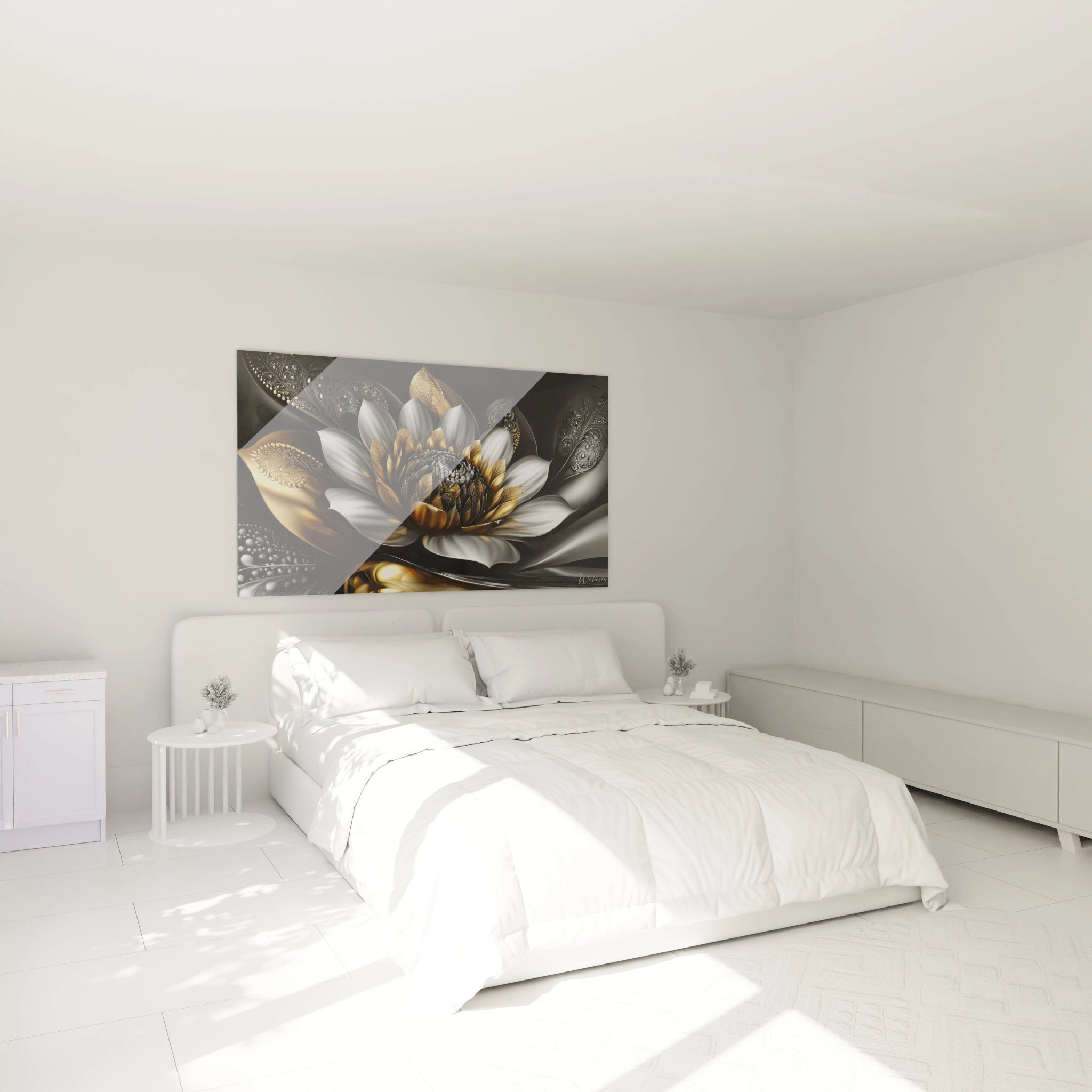 Tableau fleur lotus doré dans chambre moderne décoration murale élégante ambiance