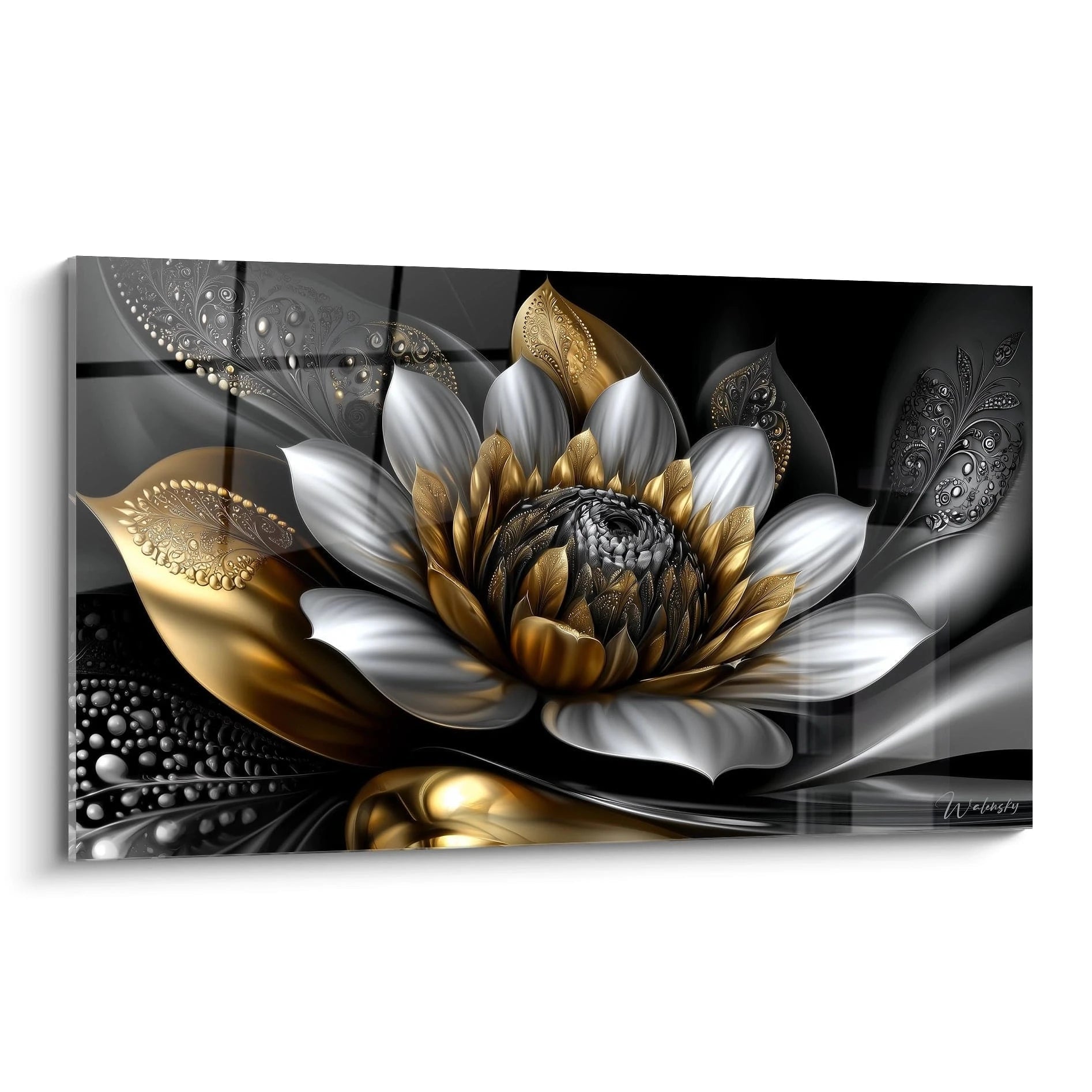 Tableau mural fleur de lotus dorée métallique sur fond noir édition l'or noir art moderne