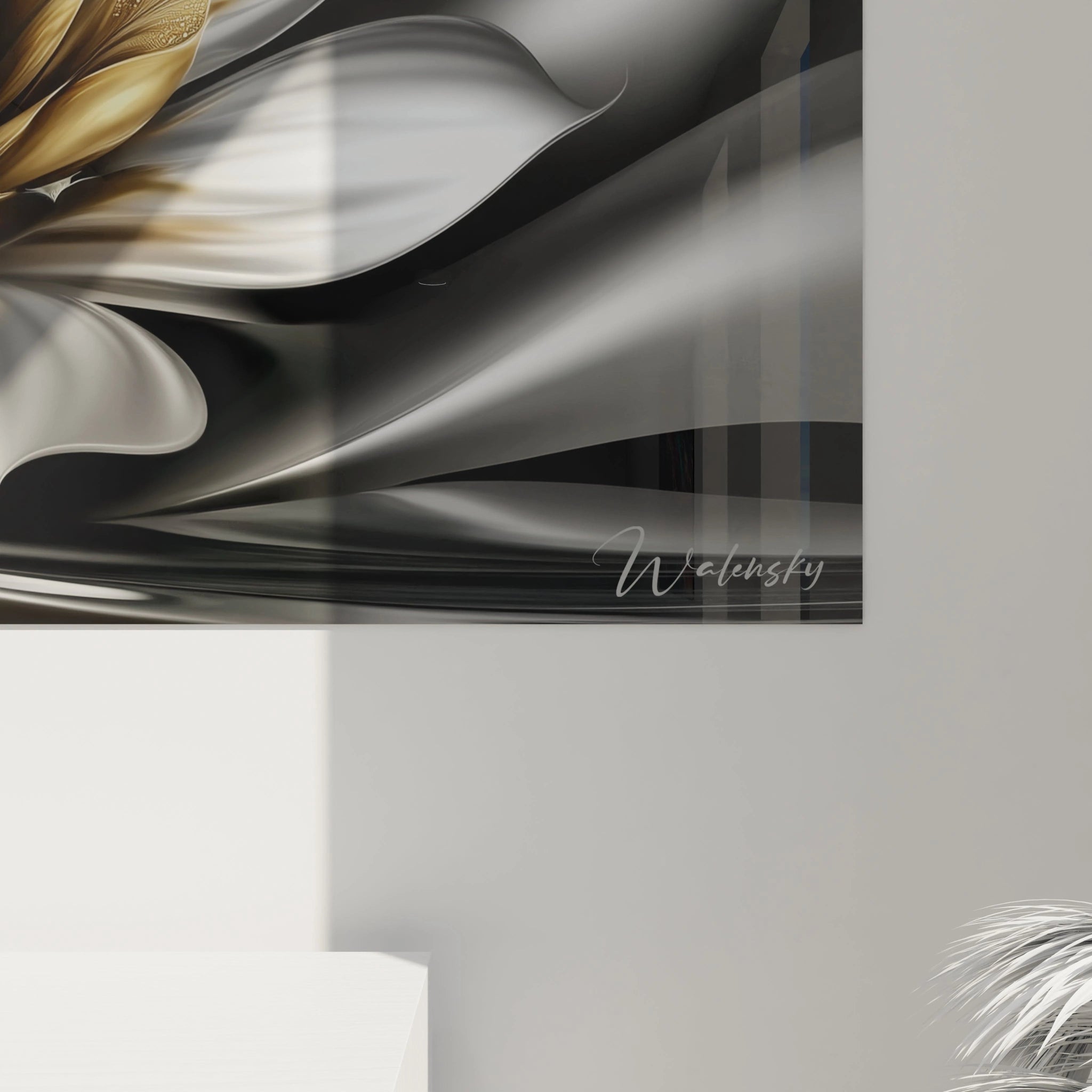 Vue ensemble tableau lotus métallique doré art mural contemporain collection