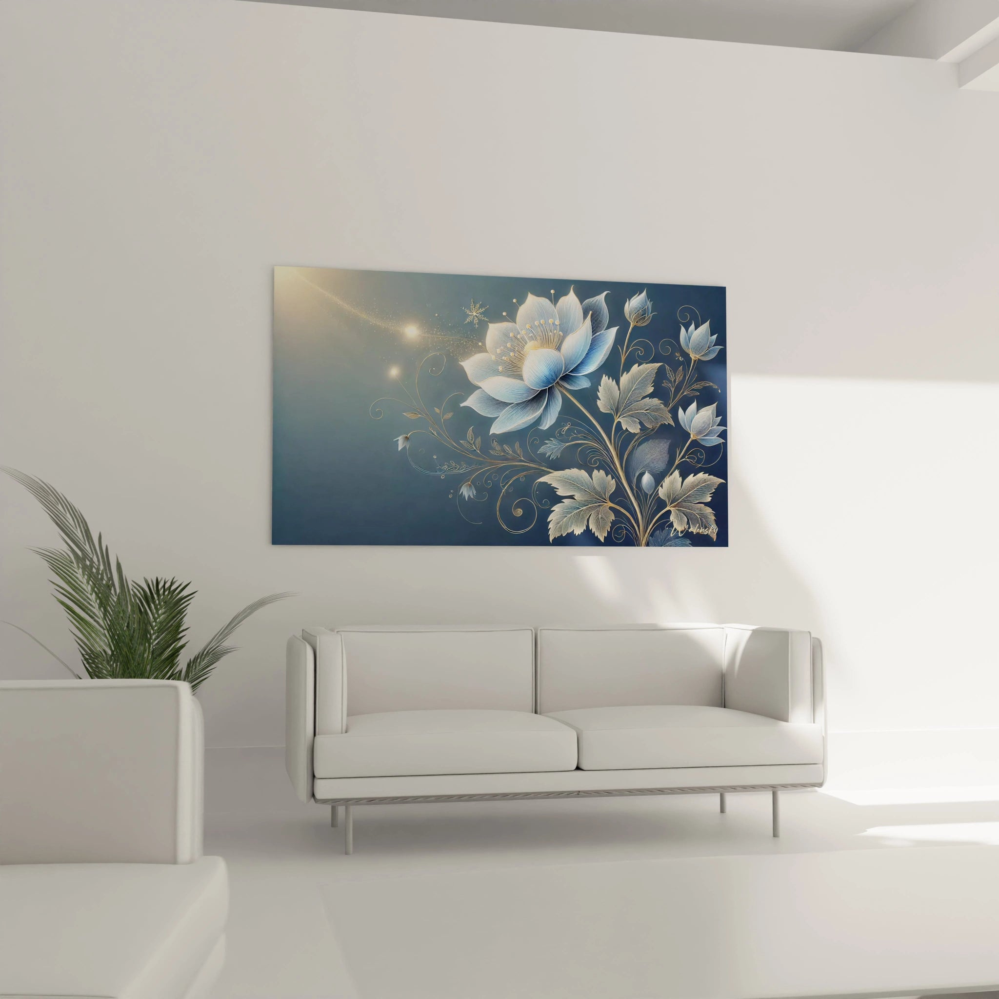 "Tableau en verre acrylique sur le thème zen et méditation, placé au-dessus d'un canapé dans un salon, ajoutant une touche de tranquillité et de modernité à l'espace."