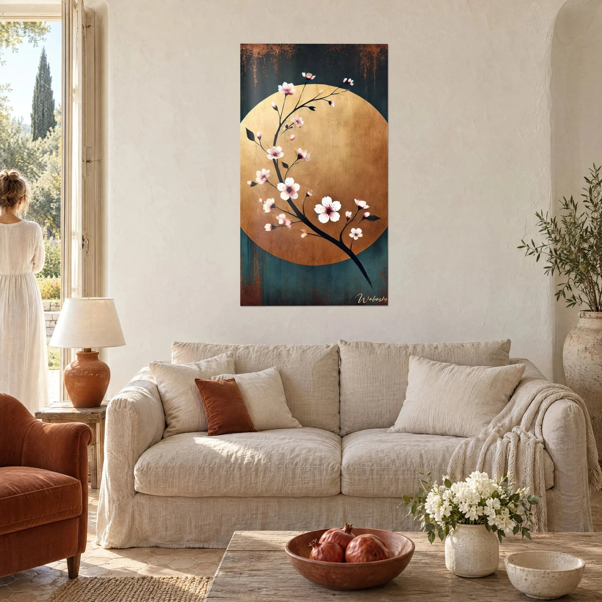 Quadro di un ramo di ciliegio in fiore su disco dorato, sfondo blu anatra arrugginito, donna di spalle, sopra un divano in un soggiorno luminoso