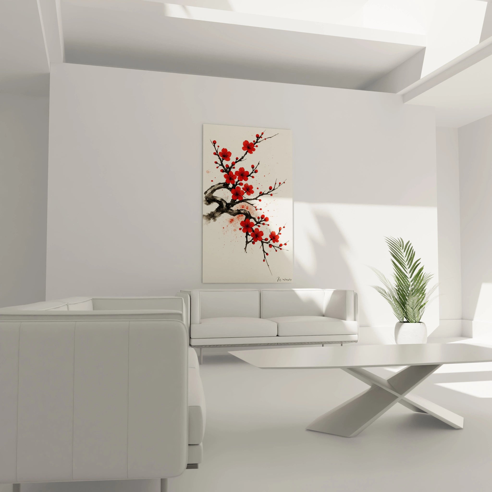 Un tableau japon délicat illustrant des fleurs de sakura rouges épanouies sur des branches d'encre noire aux lignes fluides, peint sur un fond beige avec de fines éclaboussures rouges, dans un style épuré inspiré du sumi-e traditionnel.