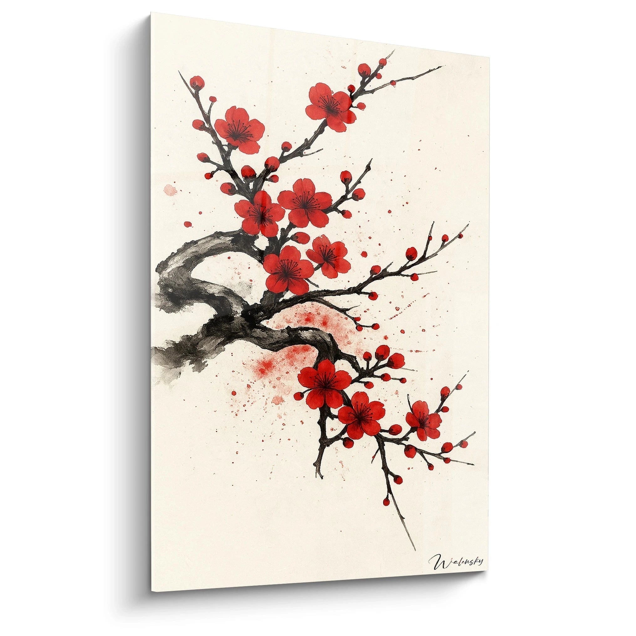 Un tableau japon représentant des branches de cerisier en fleurs, avec des fleurs rouges éclatantes sur des rameaux noirs sinueux, peint dans un style minimaliste sur fond beige clair, avec des éclaboussures d'encre créant une texture dynamique.