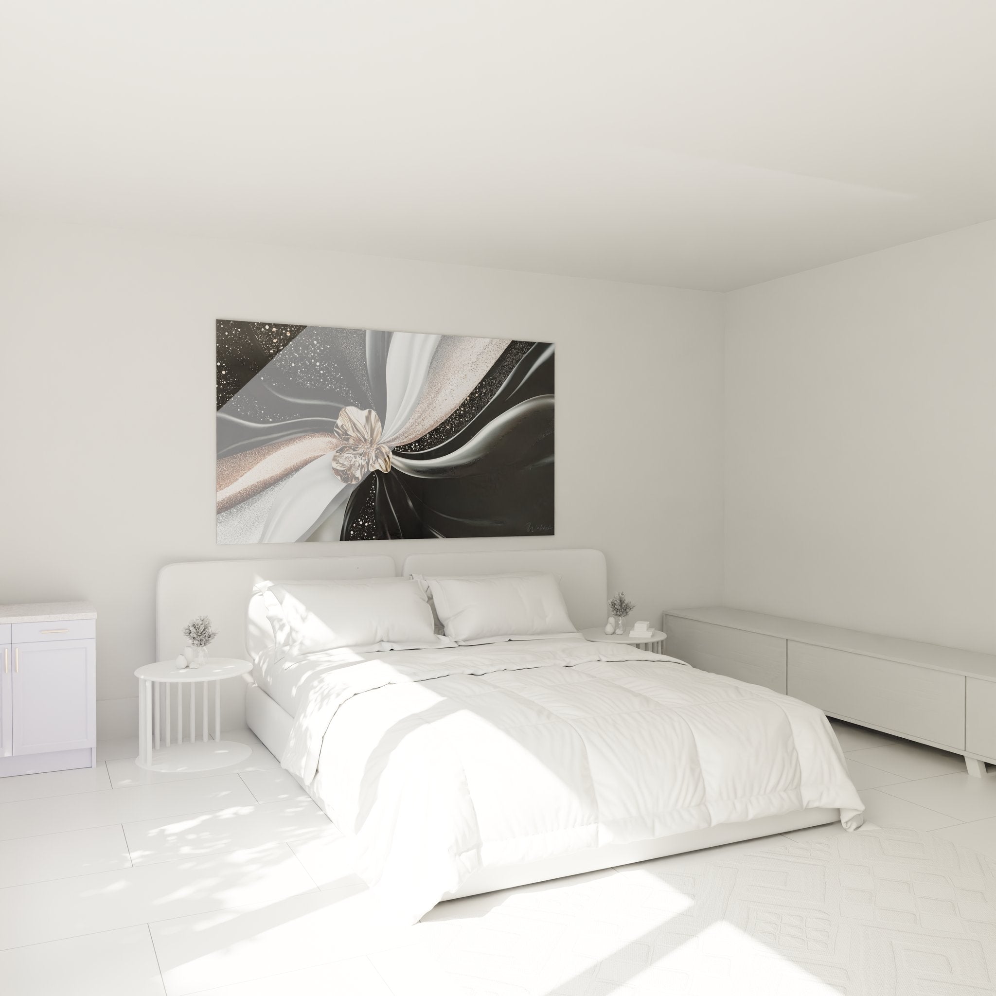 Ambiance chambre avec tableau fleur dorée abstraite au-dessus du lit pour décoration contemporaine élégante