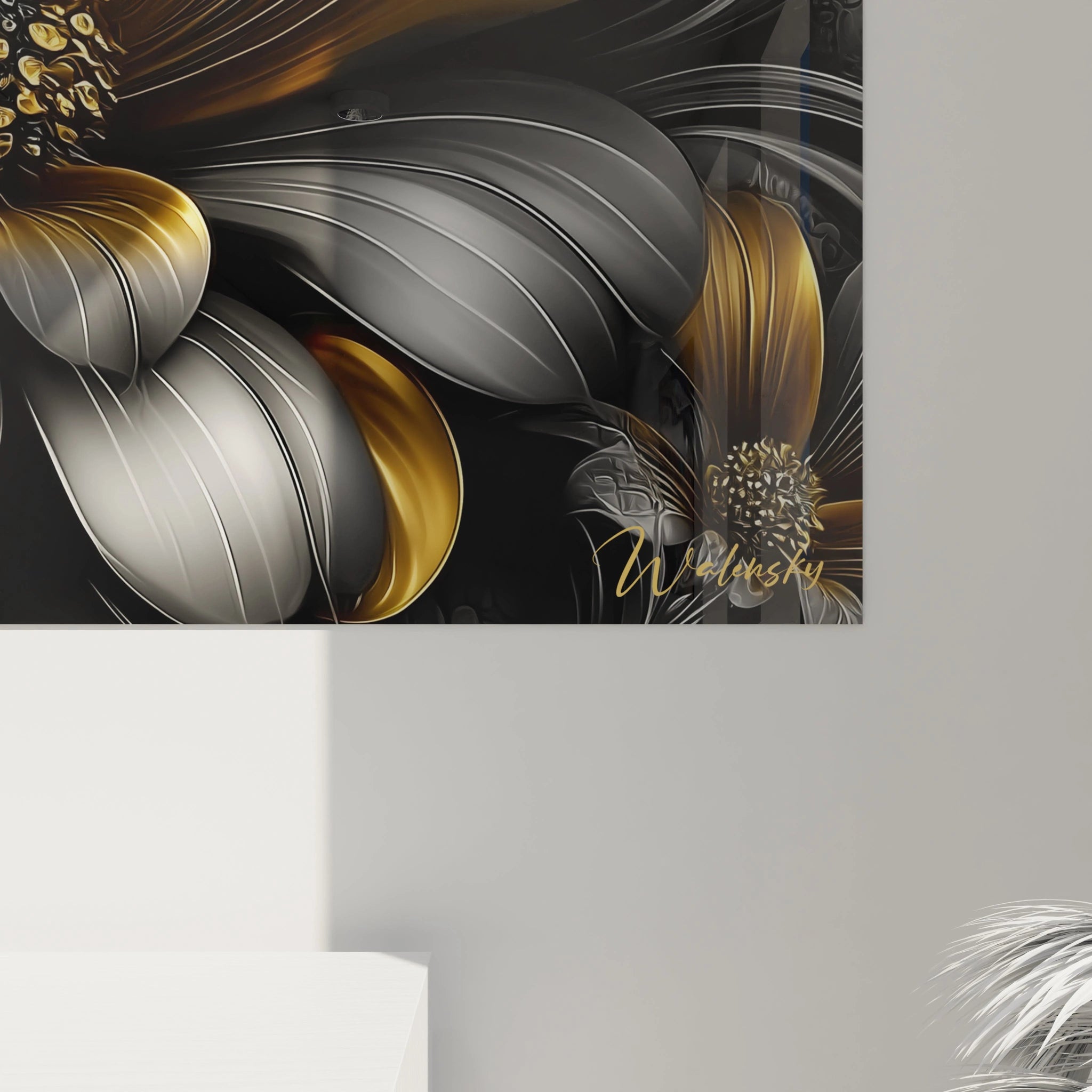 Vue d'ensemble du tableau mural fleur dorée montrant l'effet décoratif complet de l'œuvre