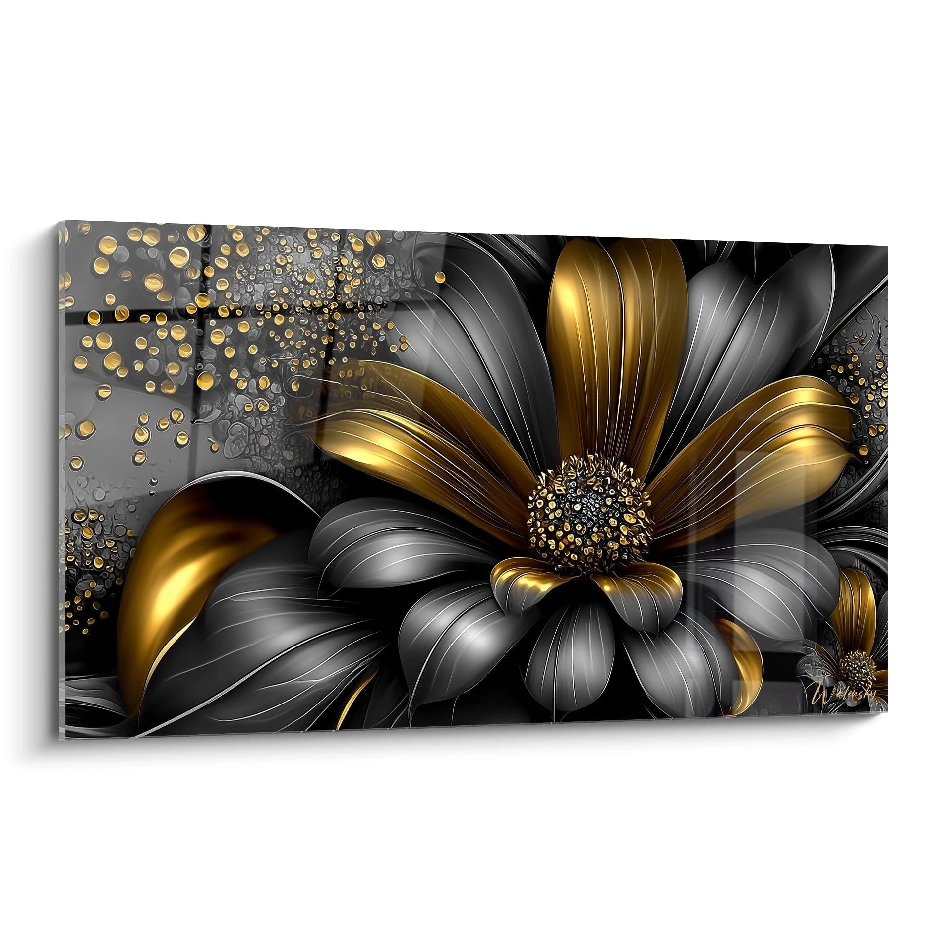 Tableau mural fleur dorée métallique aux pétales sculptés et reflets dorés sur fond sombre