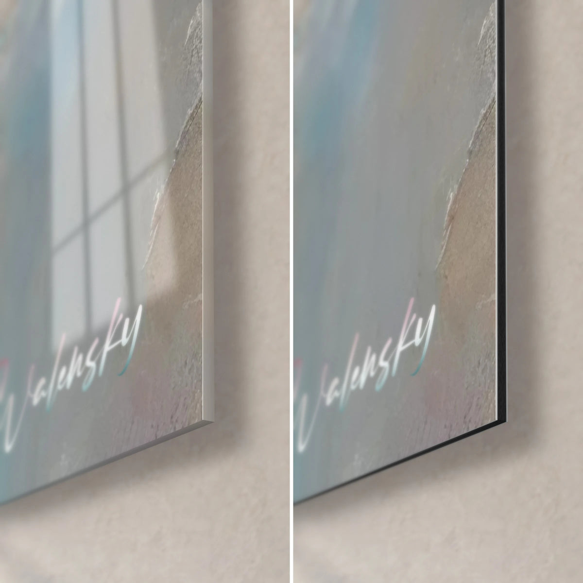 Gemälde mit graublauem und elfenbeinfarbenem Kolibri, unten rechts: glänzendes Acrylglas mit Reflexen, mattschwarzes Dibond-Aluminium, 3 mm Kante