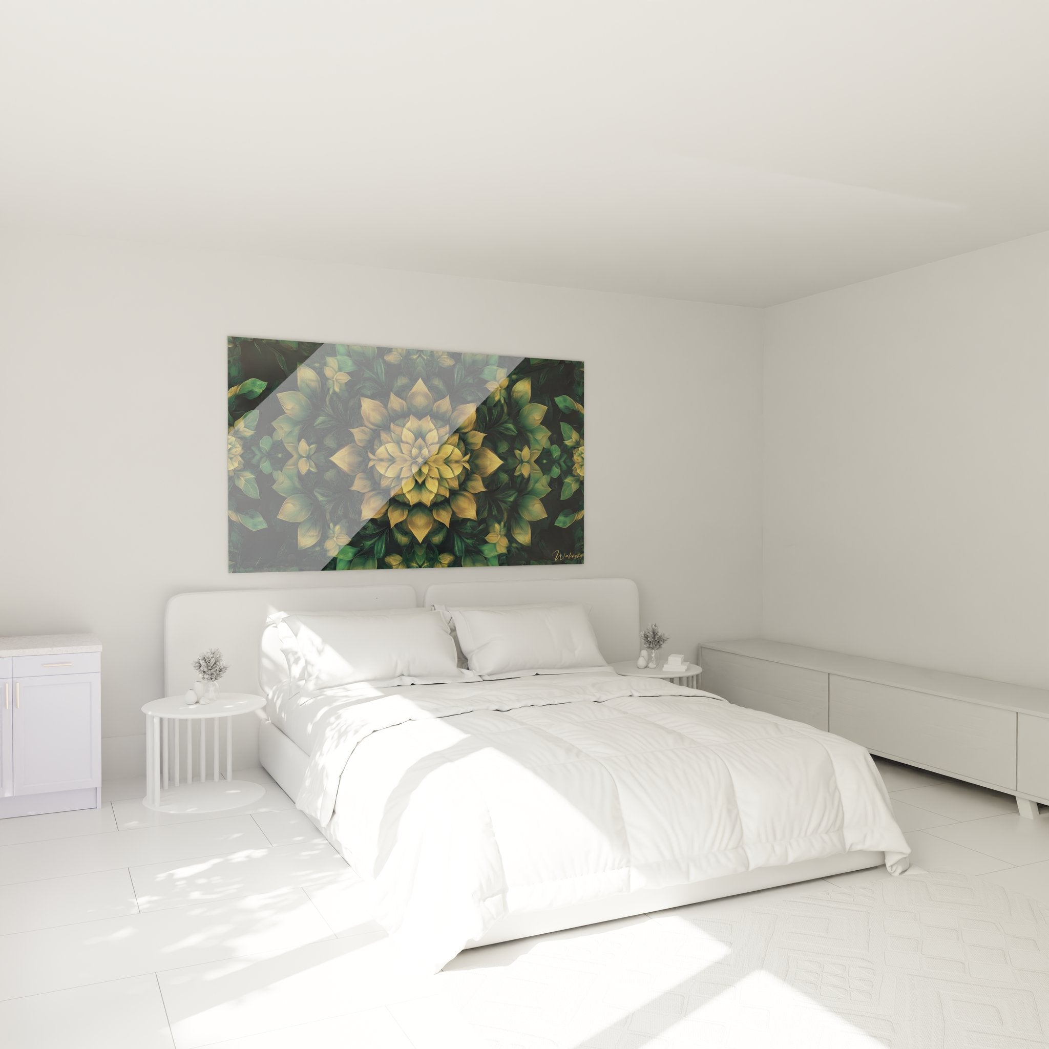 Décoration murale fleur fractale dorée dans chambre moderne avec mandala végétal élégant