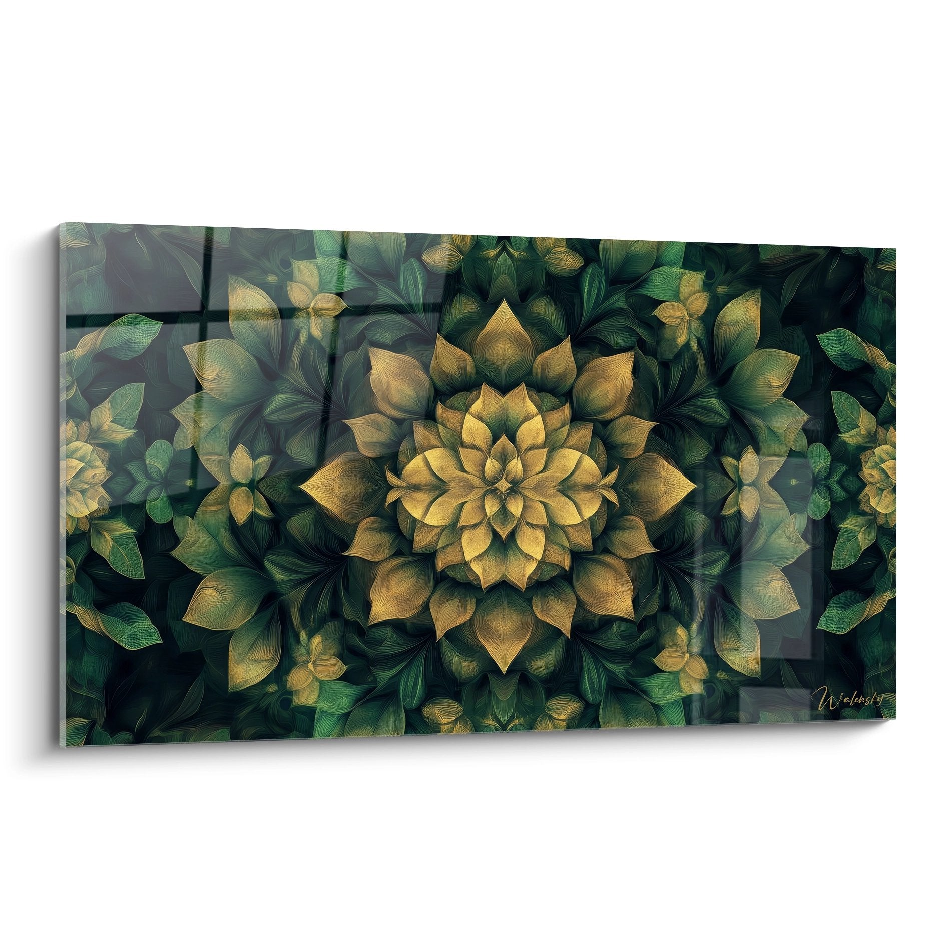 Tableau fleur fractale dorée avec mandala végétal aux pétales lumineux sur fond vert émeraude